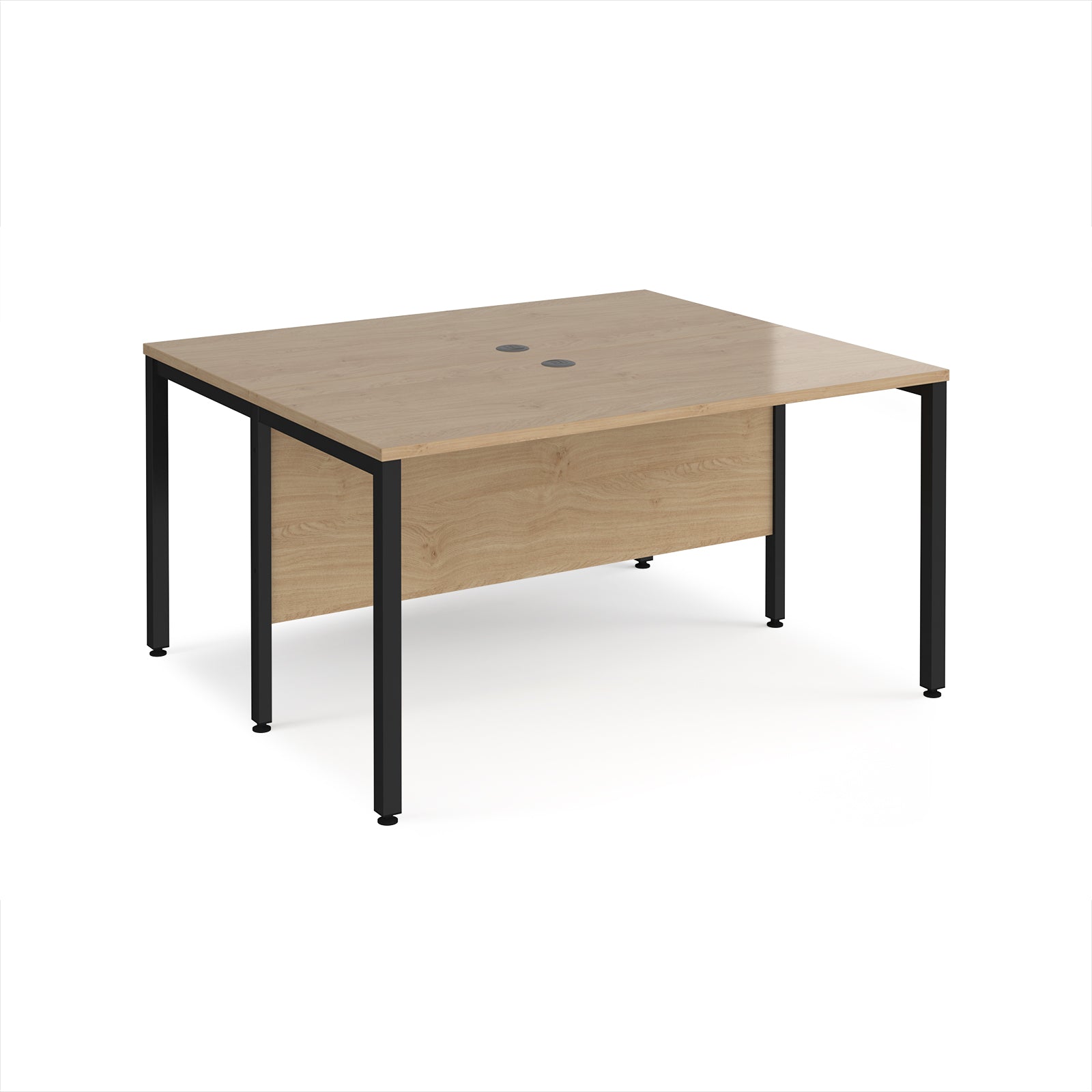Back-to-back desk with wood-effect top and black metal frame on a white background