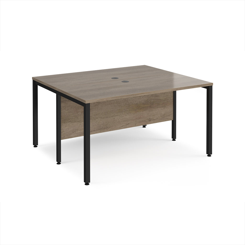 Back-to-back desk with wood-effect top and black metal frame on a white background