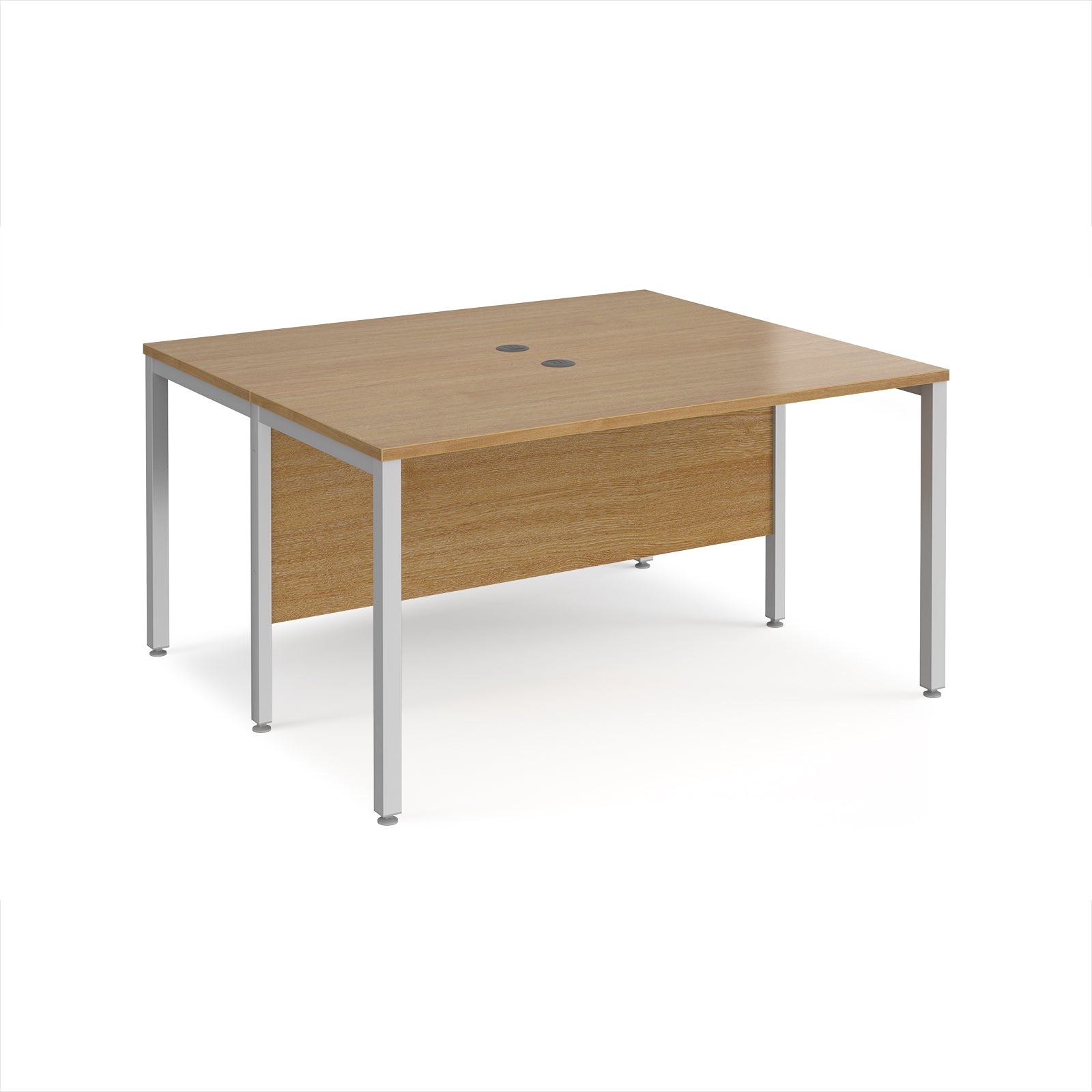 Back-to-back desk with wood-effect top and silver metal frame on a white background