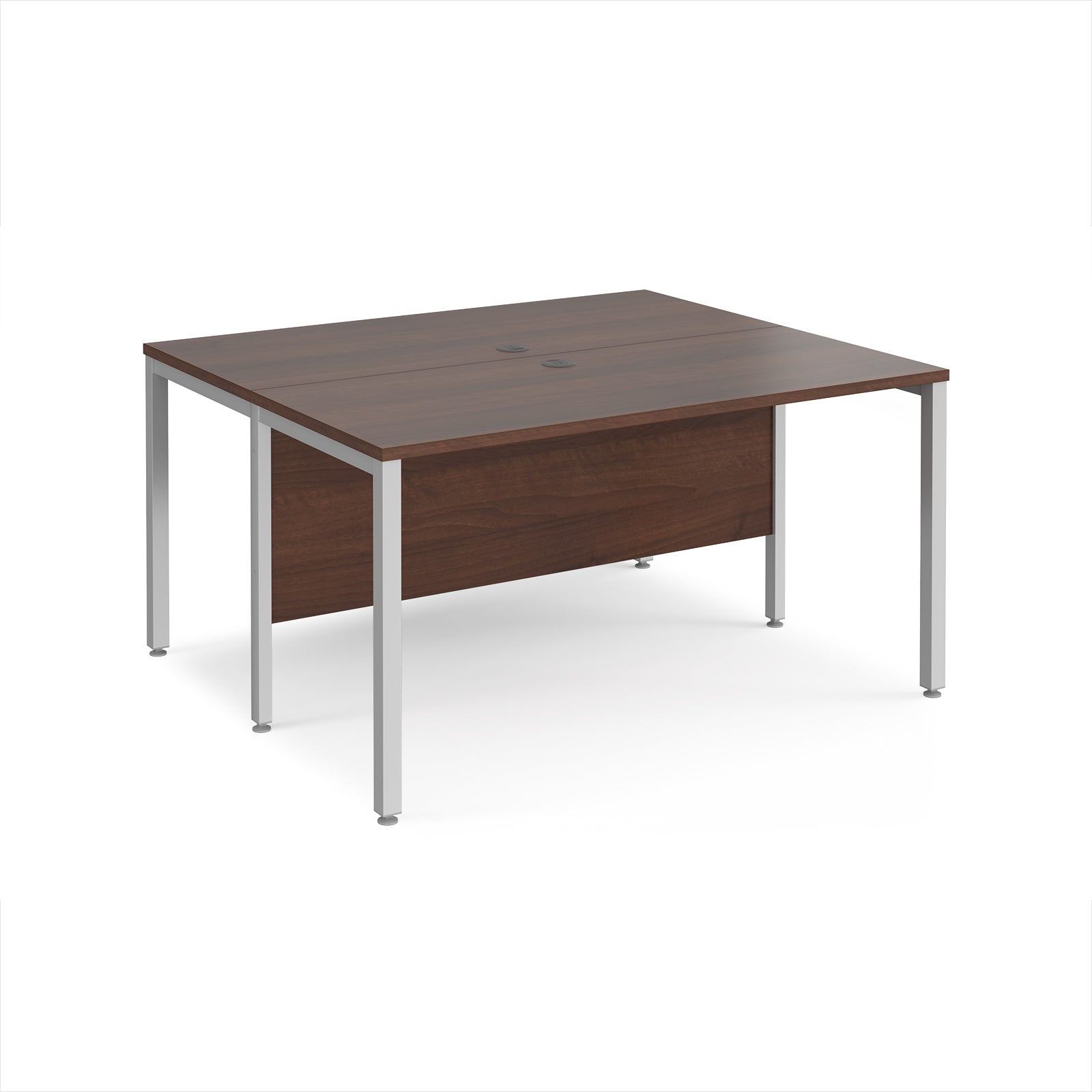 Back-to-back desk with wood-effect top and silver metal frame on a white background