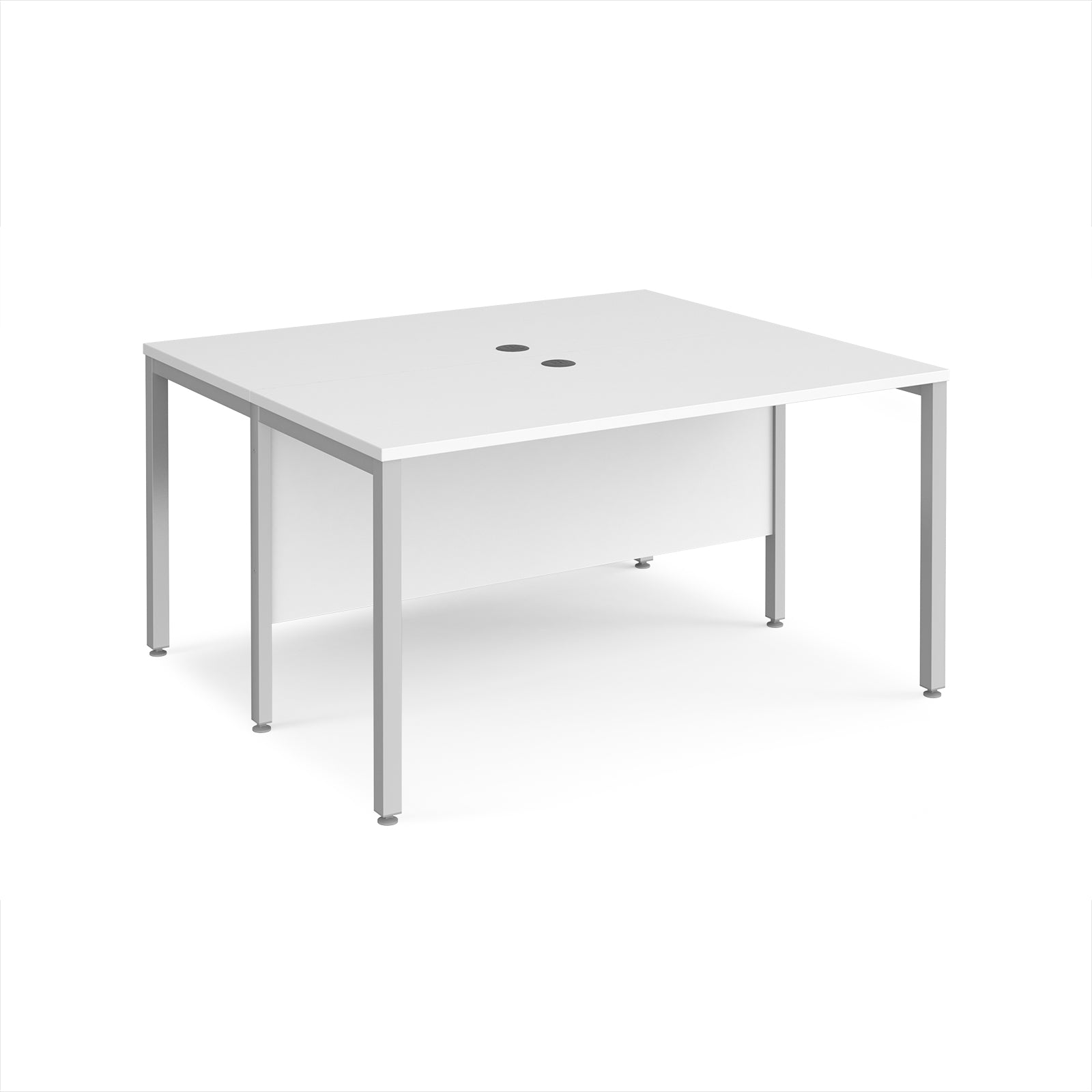 Back-to-back desk with white top and silver metal frame on a white background