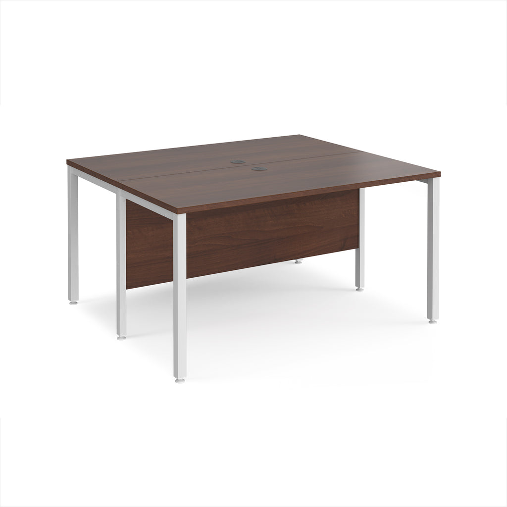 Back-to-back desk with wood-effect top and white metal frame on a white background