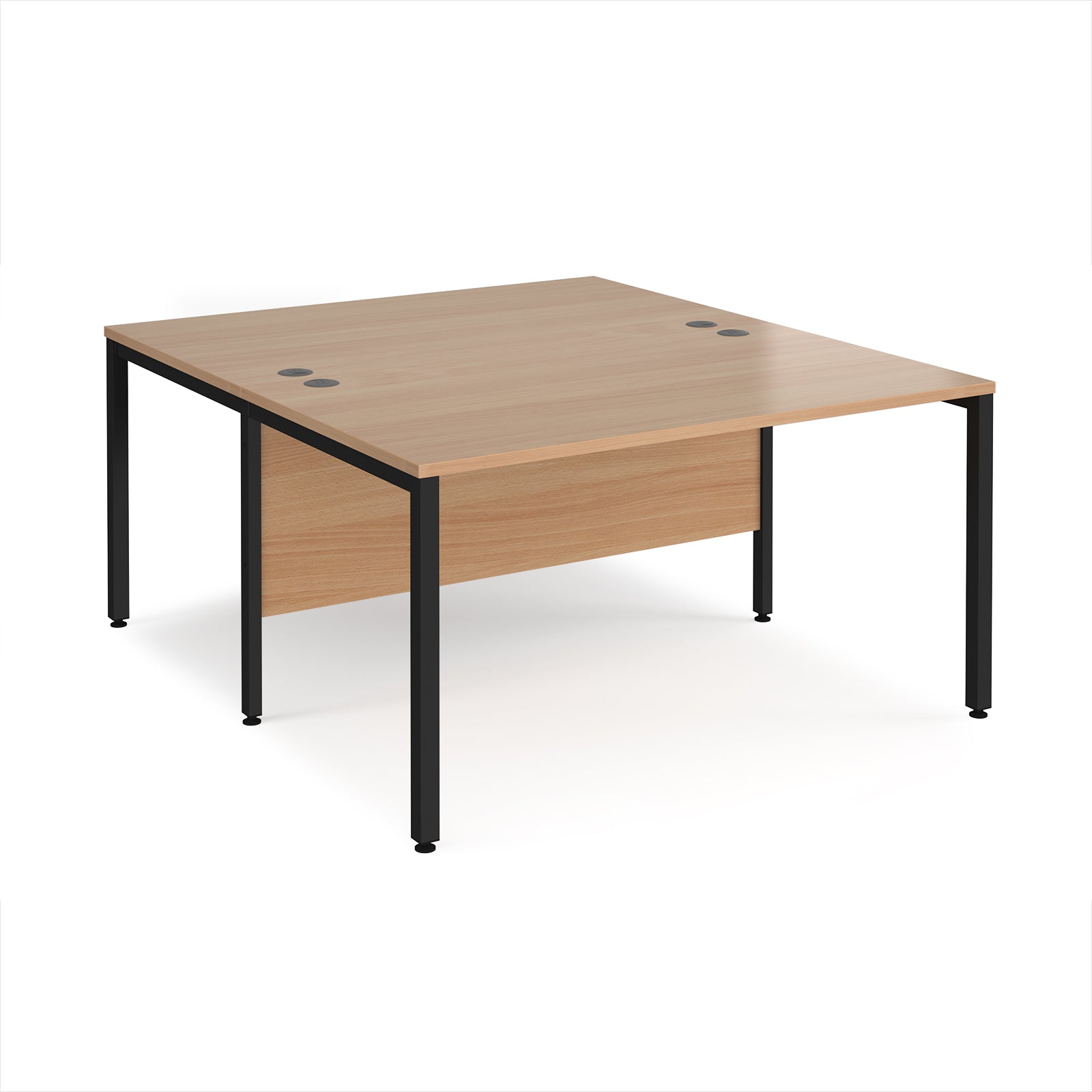 Back-to-back office desk with wood-effect top and black metal frame on a white background