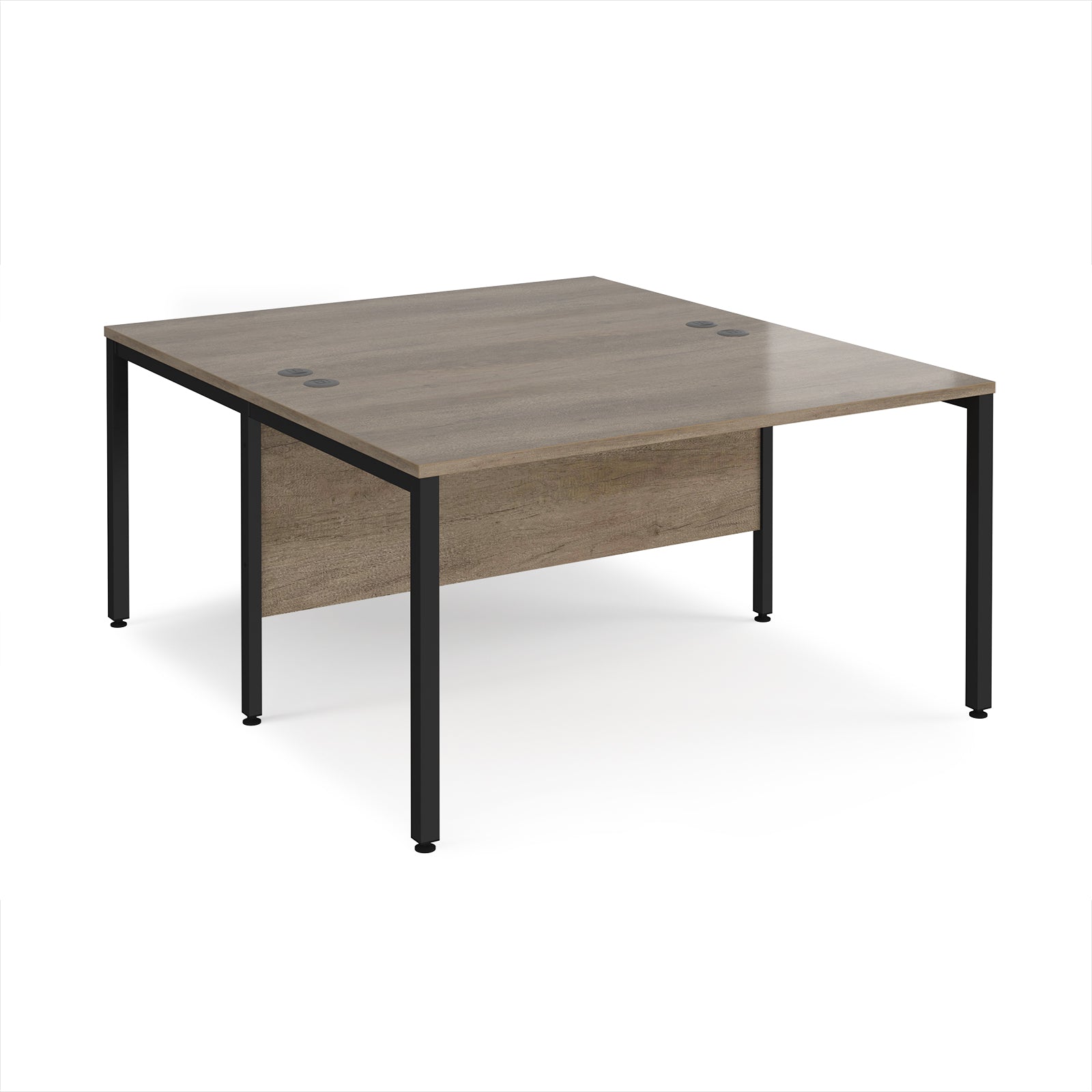 Back-to-back office desk with wood-effect top and black metal frame on a white background