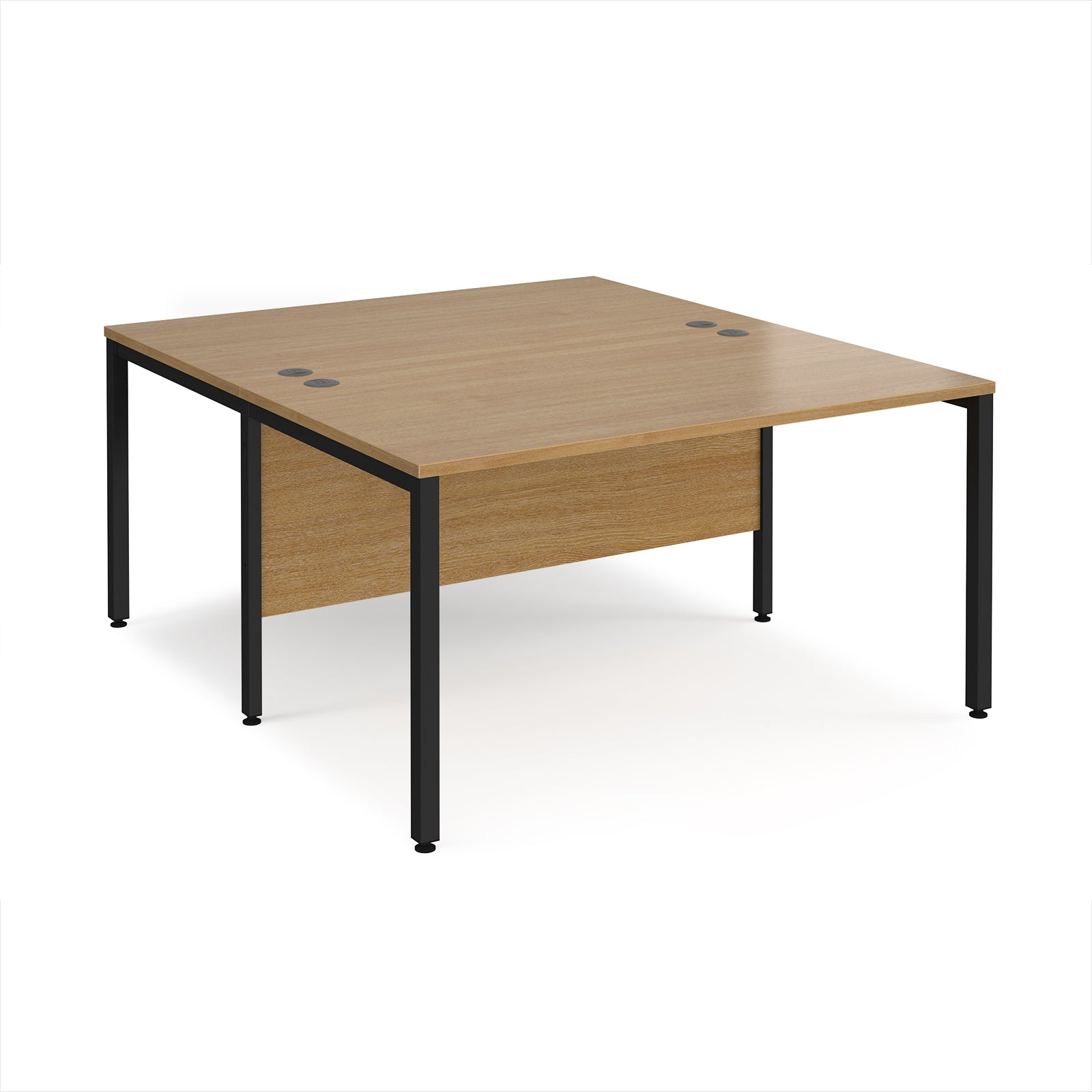 Back-to-back office desk with wood-effect top and black metal frame on a white background