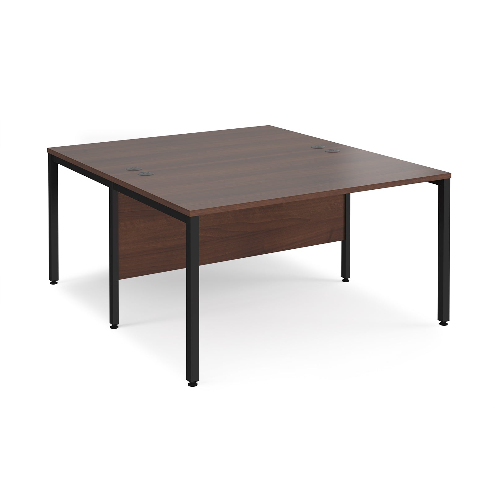 Back-to-back office desk with wood-effect top and black metal frame on a white background