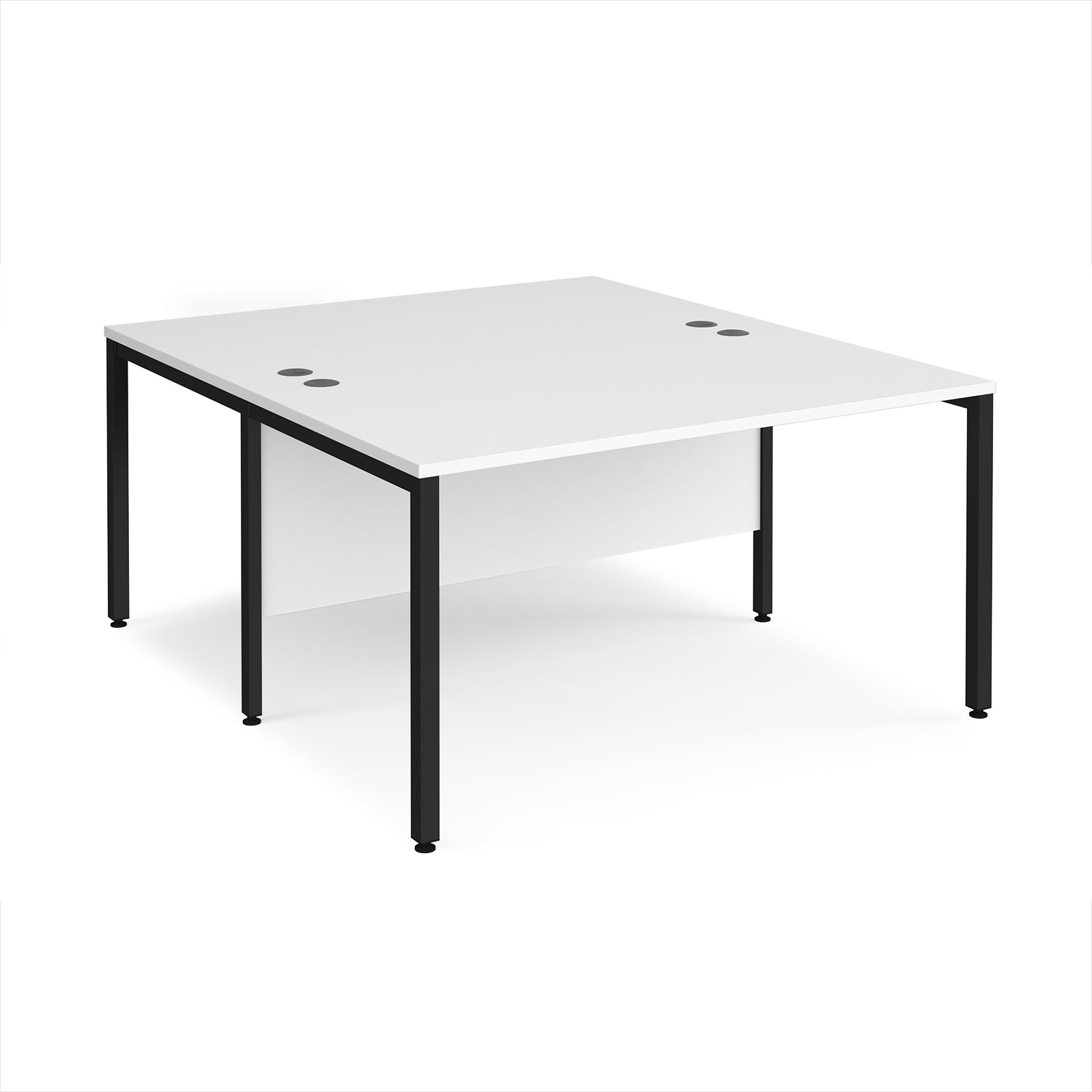 Back-to-back office desk with white top and black metal frame on a white background