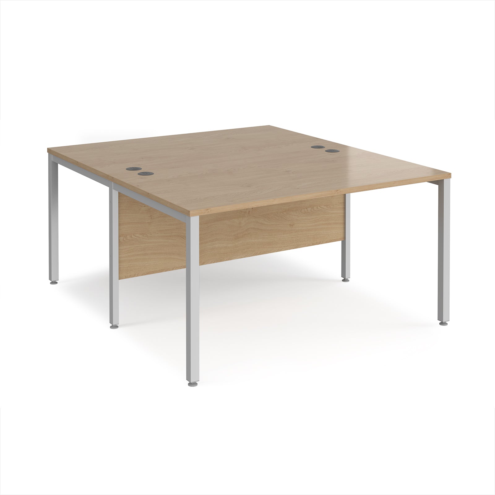 Back-to-back office desk with wood-effect top and silver metal frame on a white background