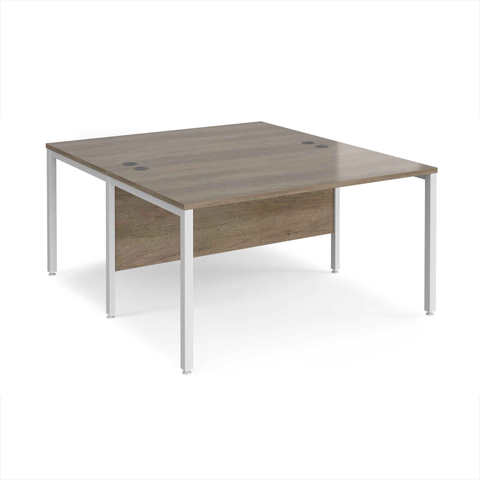 Back-to-back office desk with wood-effect top and white metal frame on a white background