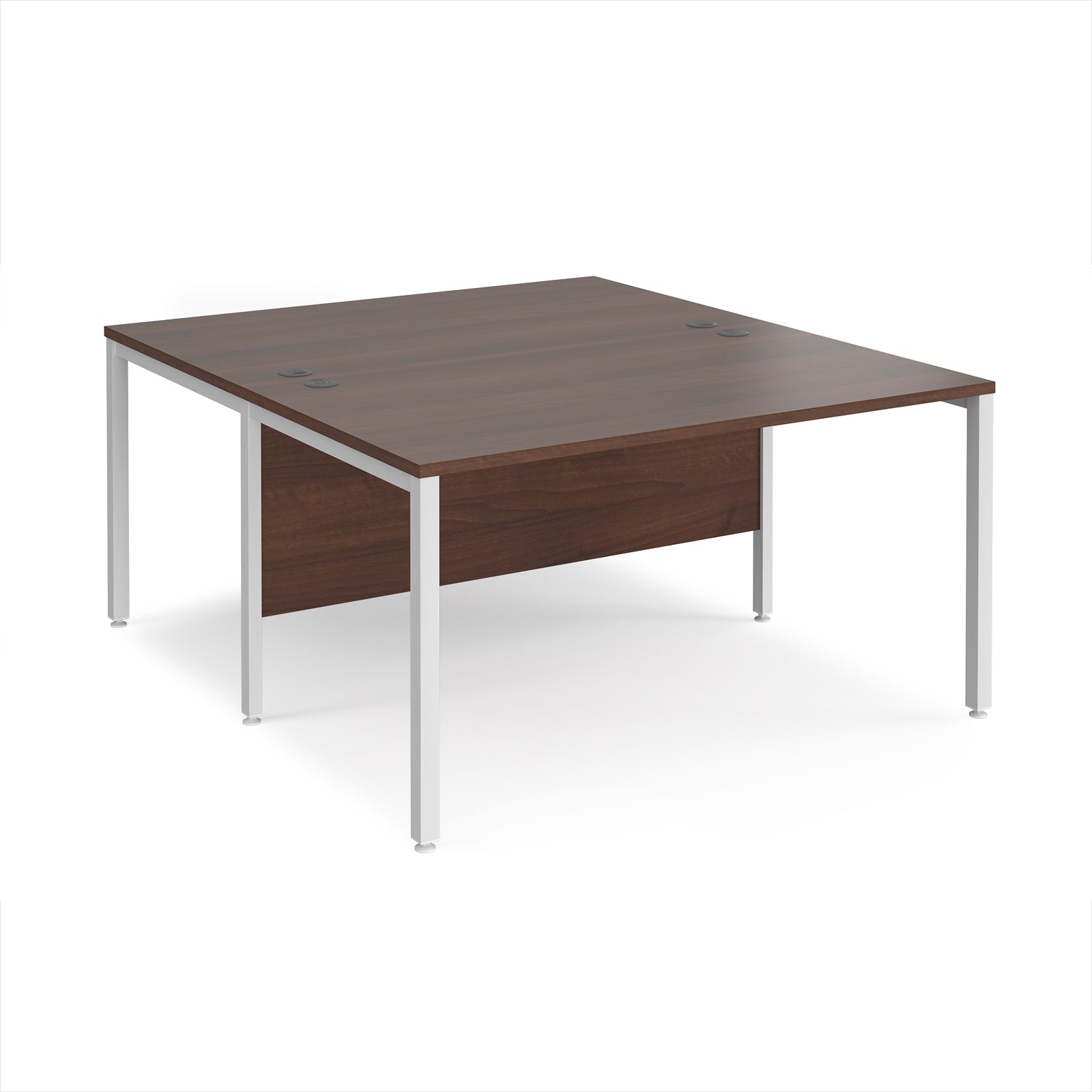 Back-to-back office desk with wood-effect top and white metal frame on a white background
