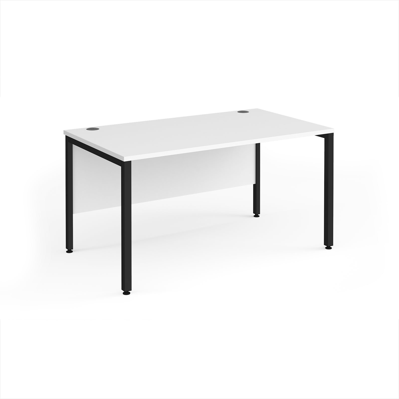 Rectangular desk with white top and black metal legs on a white background