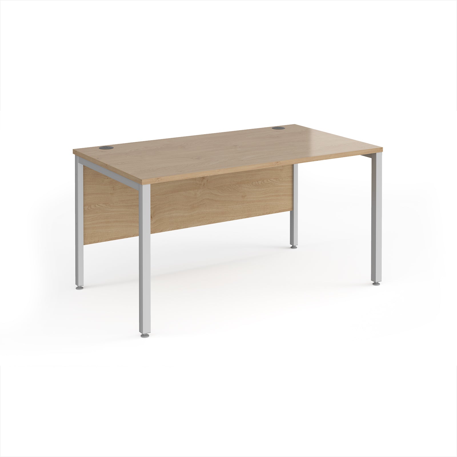 Rectangular desk with wood-effect top and silver metal legs on a white background