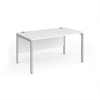 Rectangular desk with white top and silver metal legs on a white background