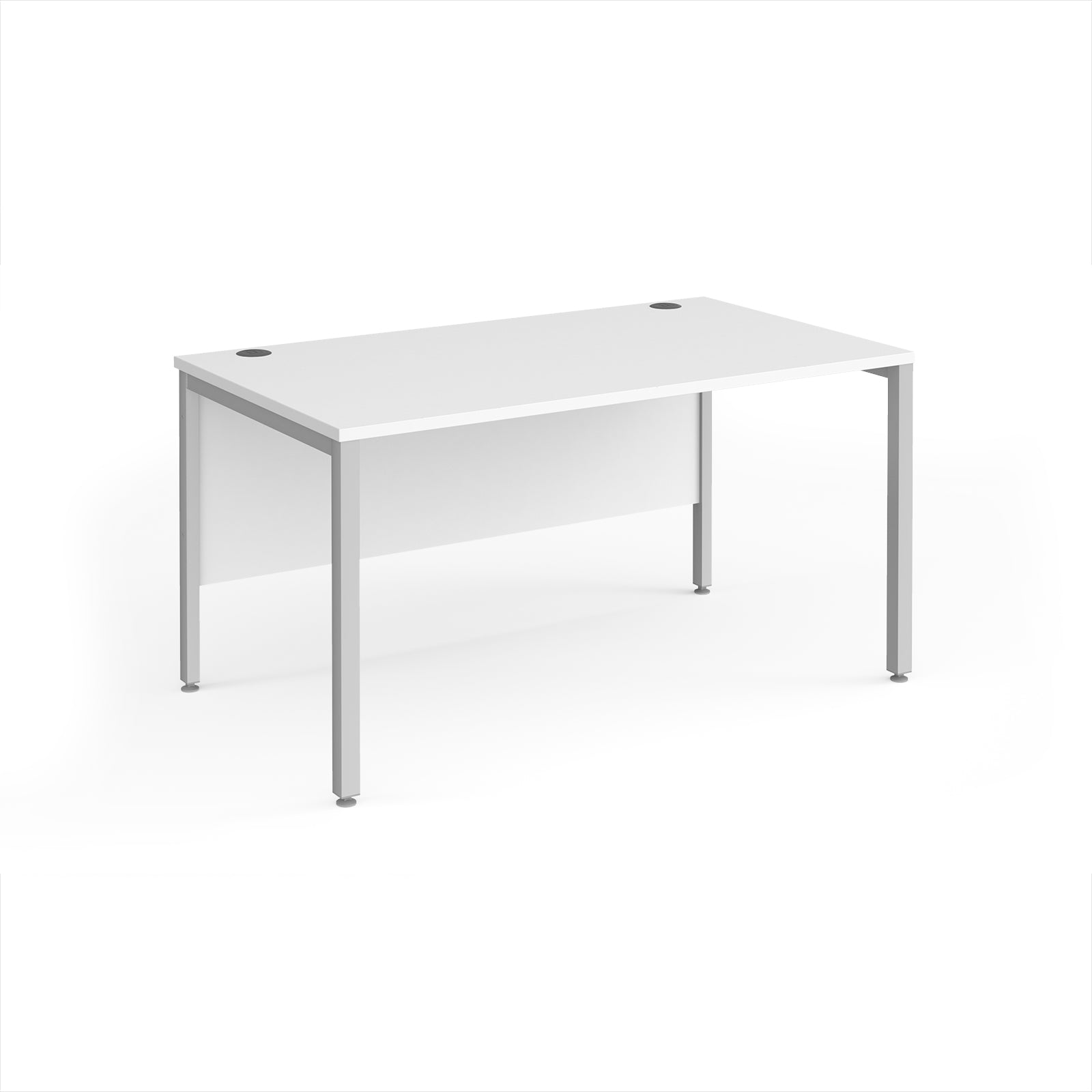 Rectangular desk with white top and silver metal legs on a white background
