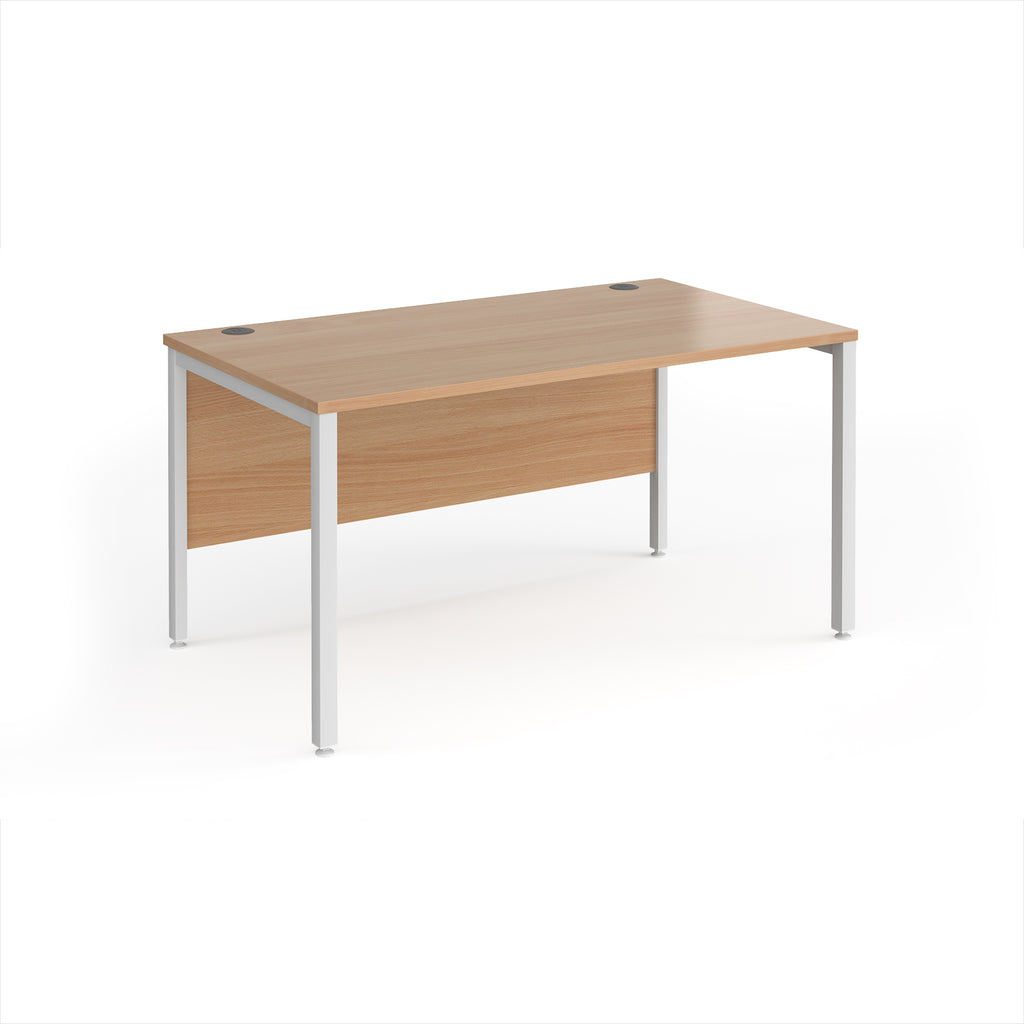 Rectangular desk with wood-effect top and white metal legs on a white background