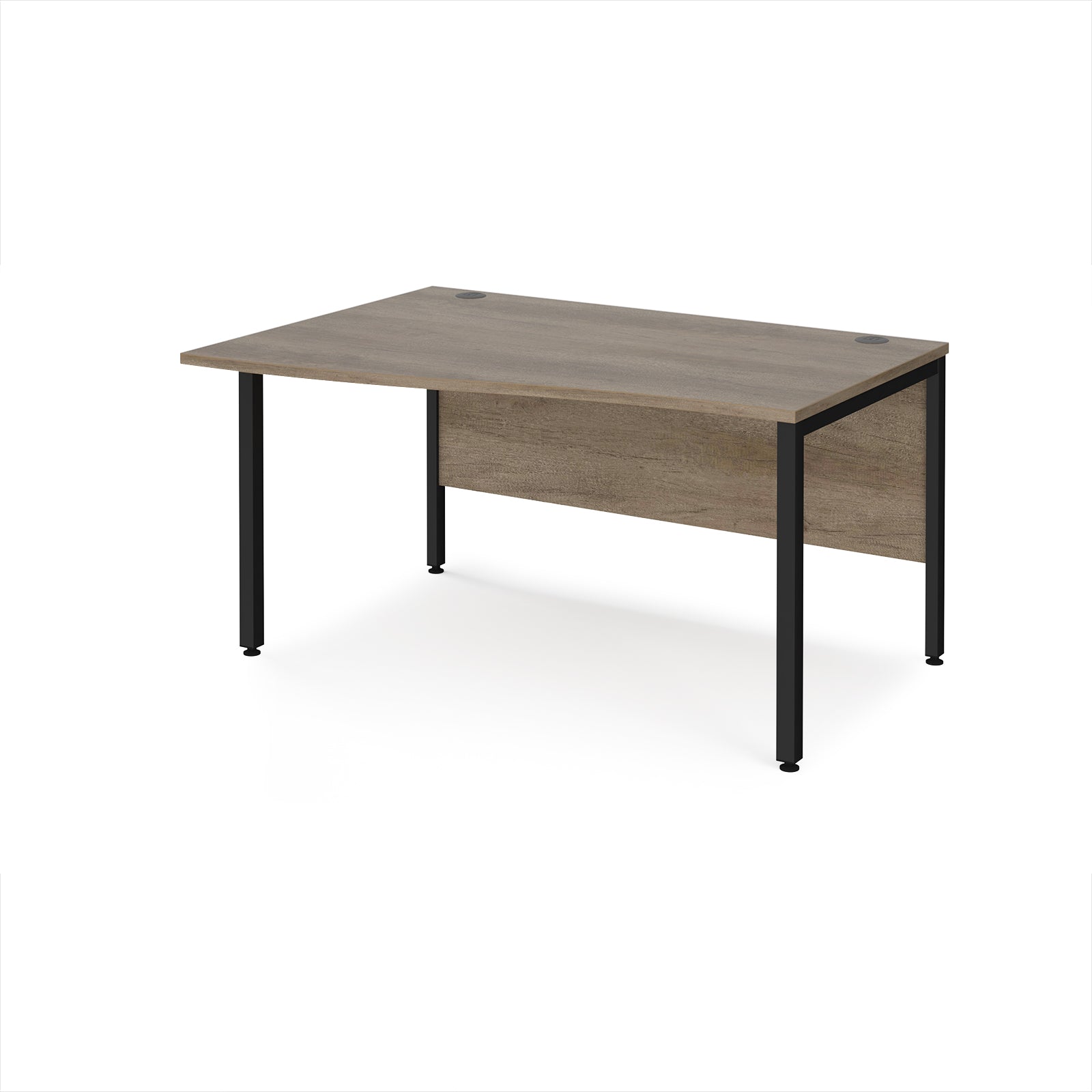 Office desk with wave wood-effect top and black metal legs on a white background