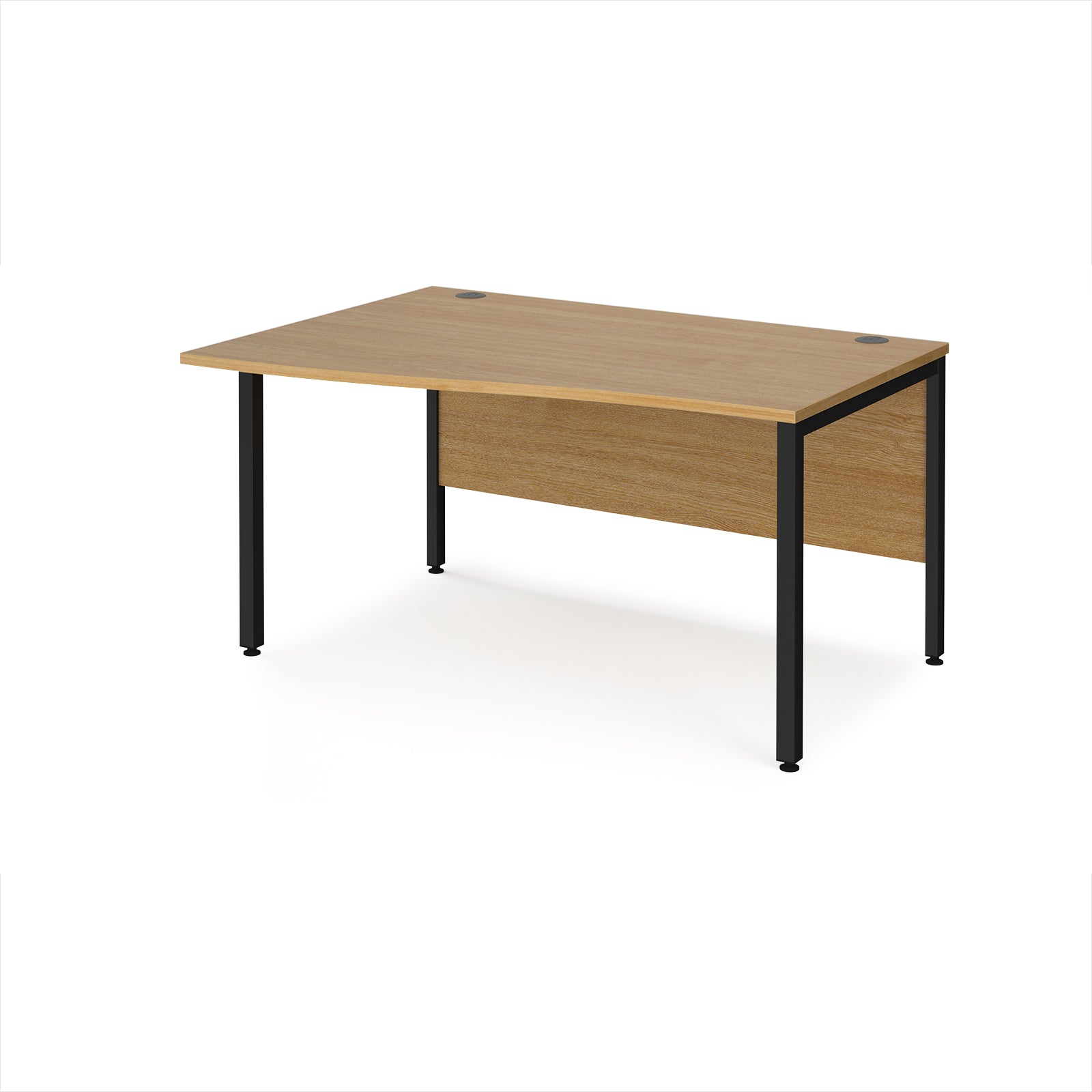 Office desk with wave wood-effect top and black metal legs on a white background