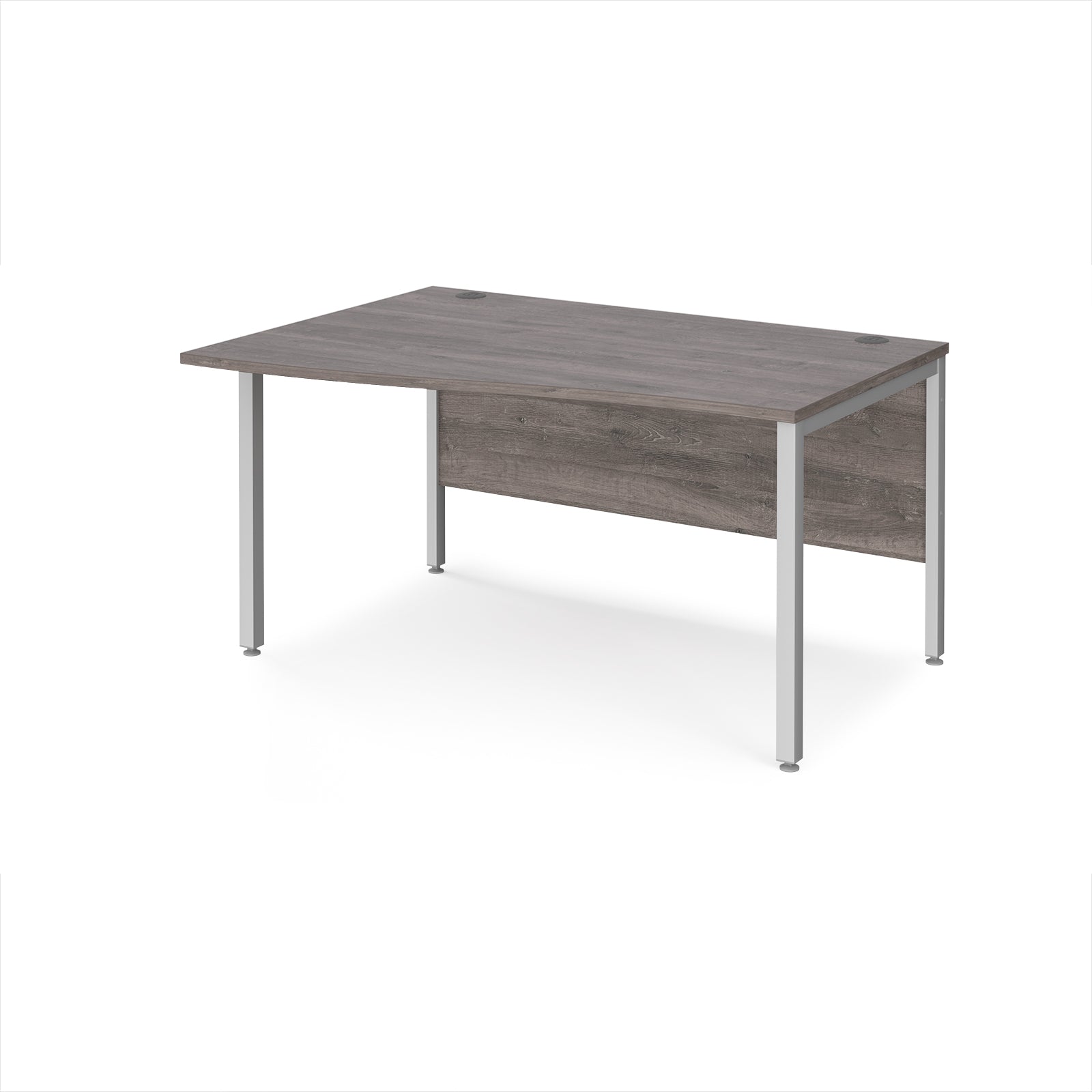 Office desk with wave grey wood-effect top and silver metal legs on a white background
