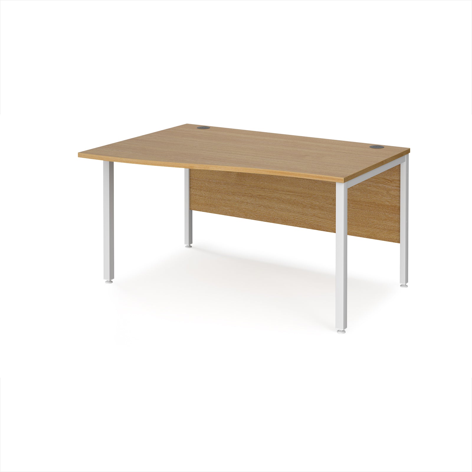 Office desk with wave wood-effect top and white metal legs on a white background