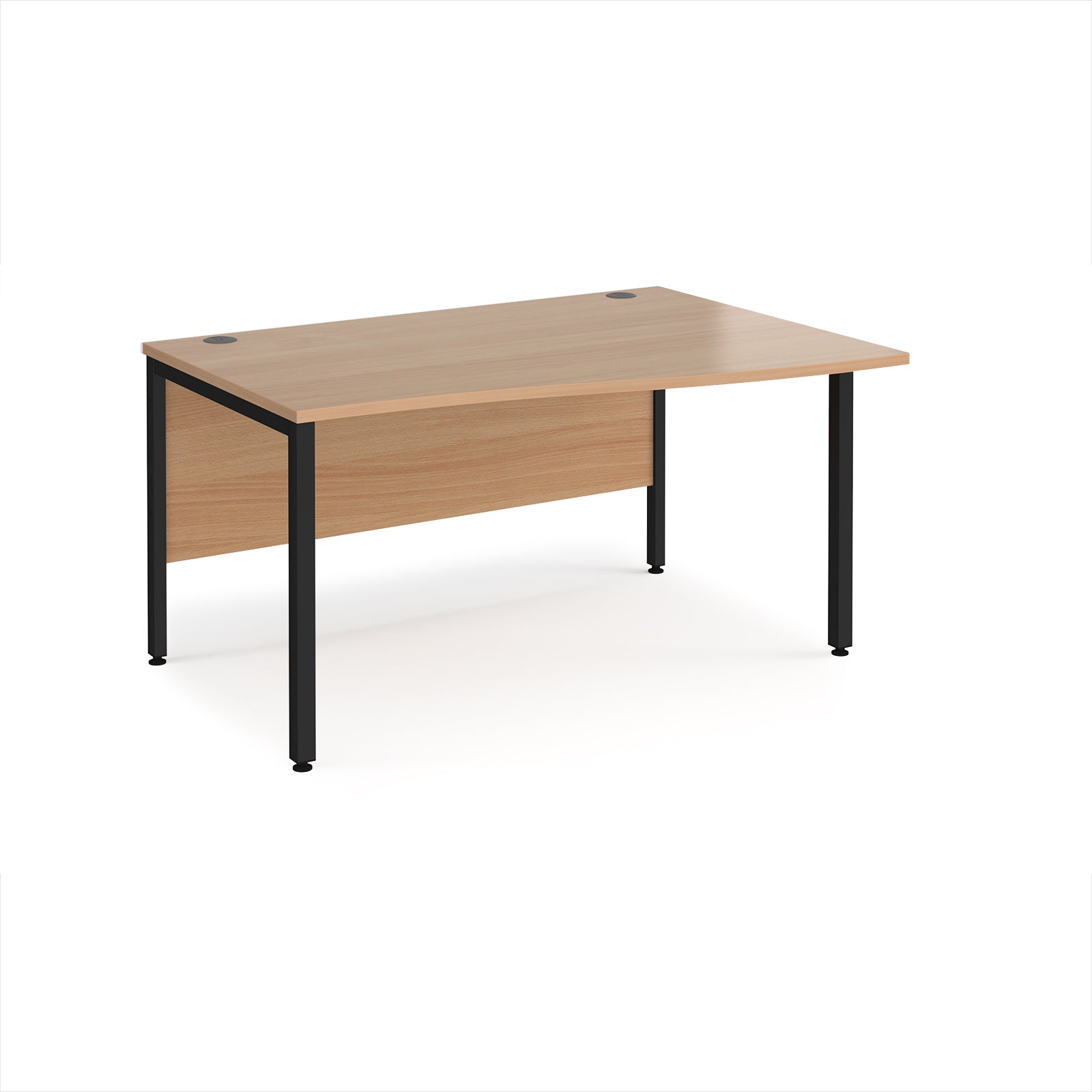 Office desk with wave wood-effect top and black metal legs on a white background