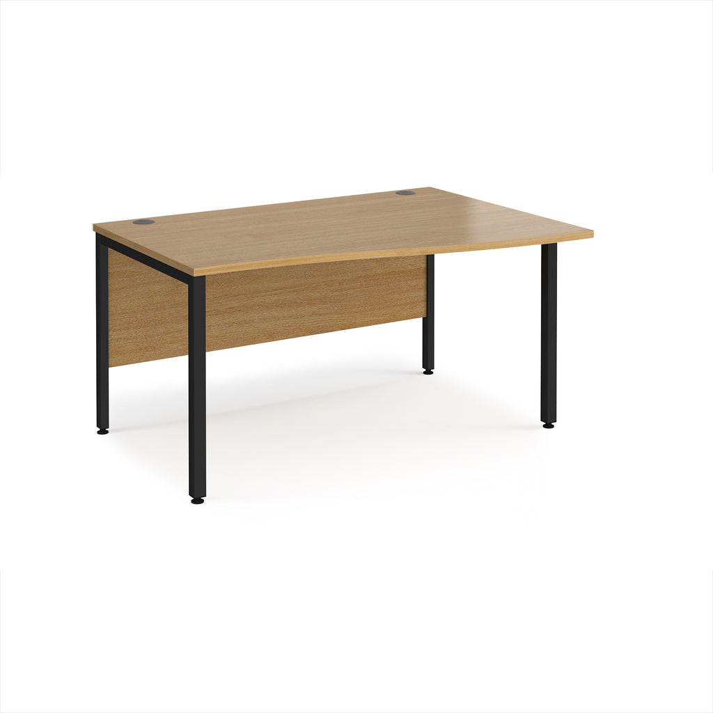 Office desk with wave wood-effect top and black metal legs on a white background