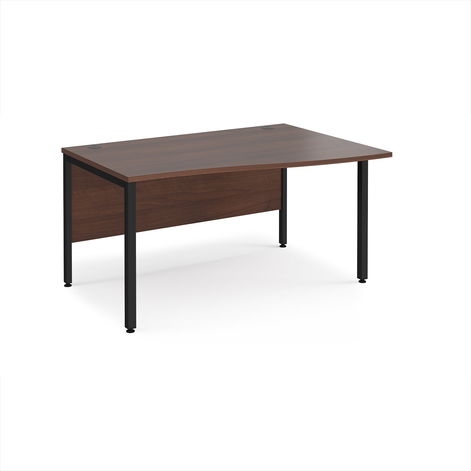 Office desk with wave wood-effect top and black metal legs on a white background