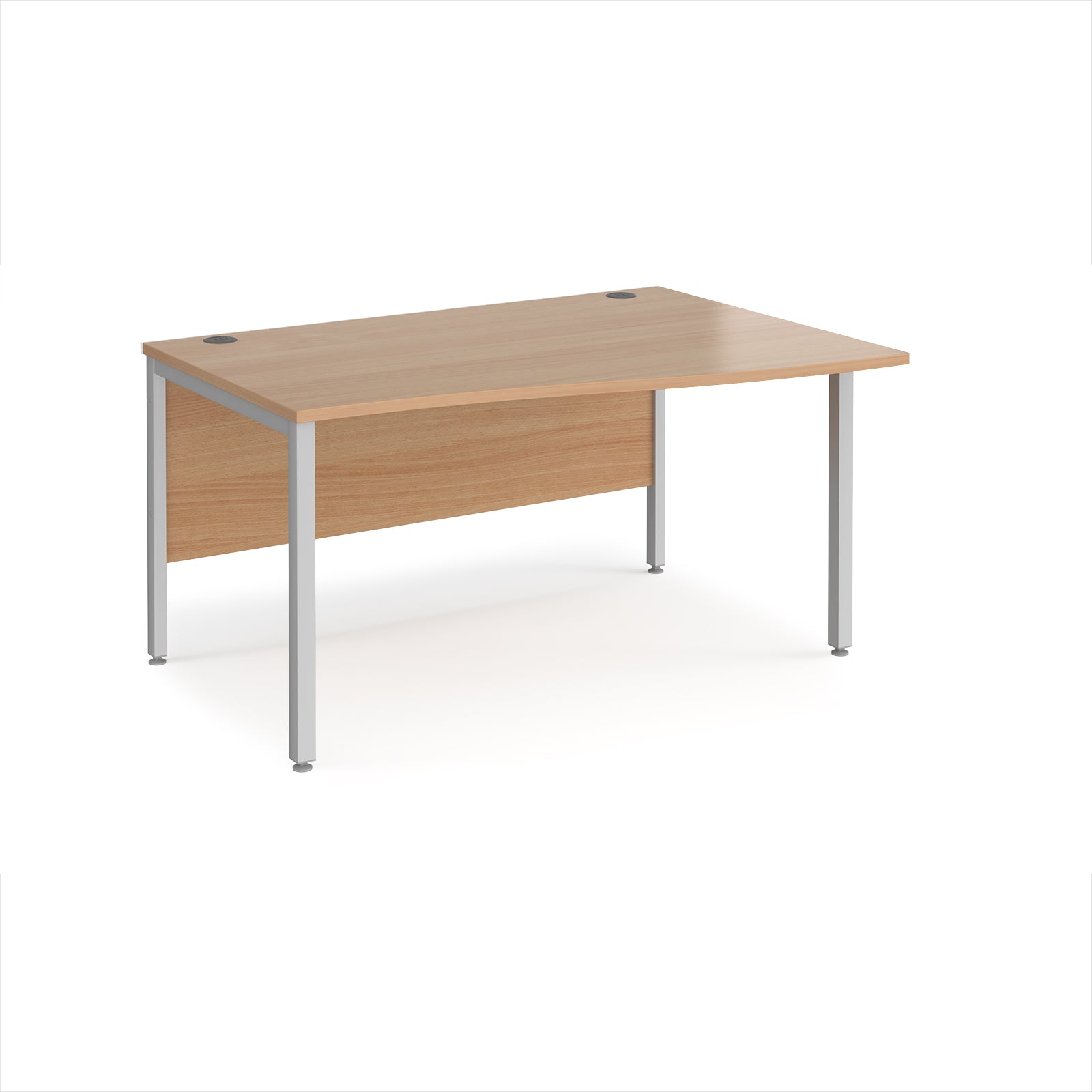 Office desk with wave wood-effect top and silver metal legs on a white background