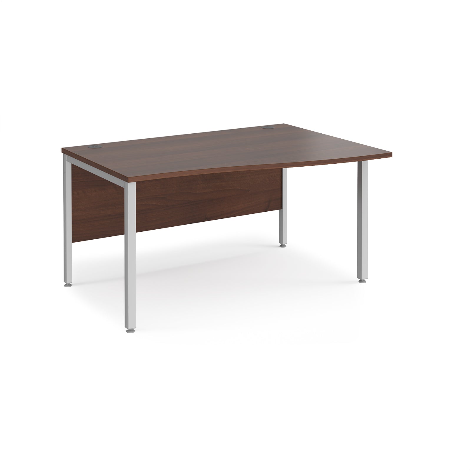 Office desk with wave wood-effect top and silver metal legs on a white background