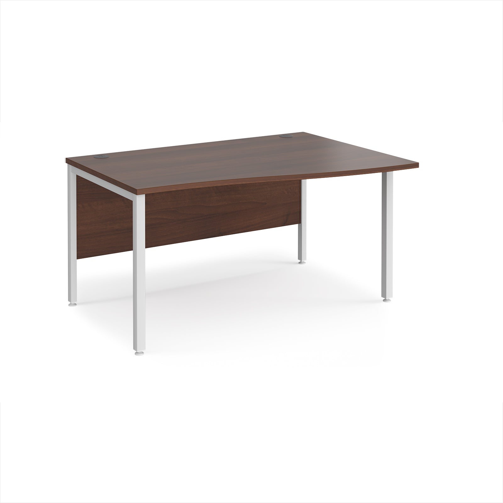 Office desk with wave wood-effect top and white metal legs on a white background