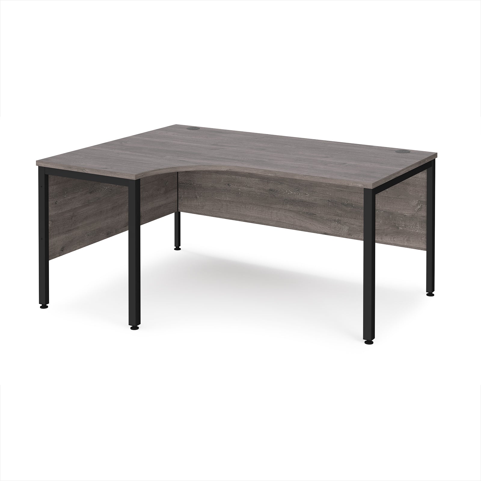Ergonomic office desk with grey wood-effect top and black metal frame on a white background