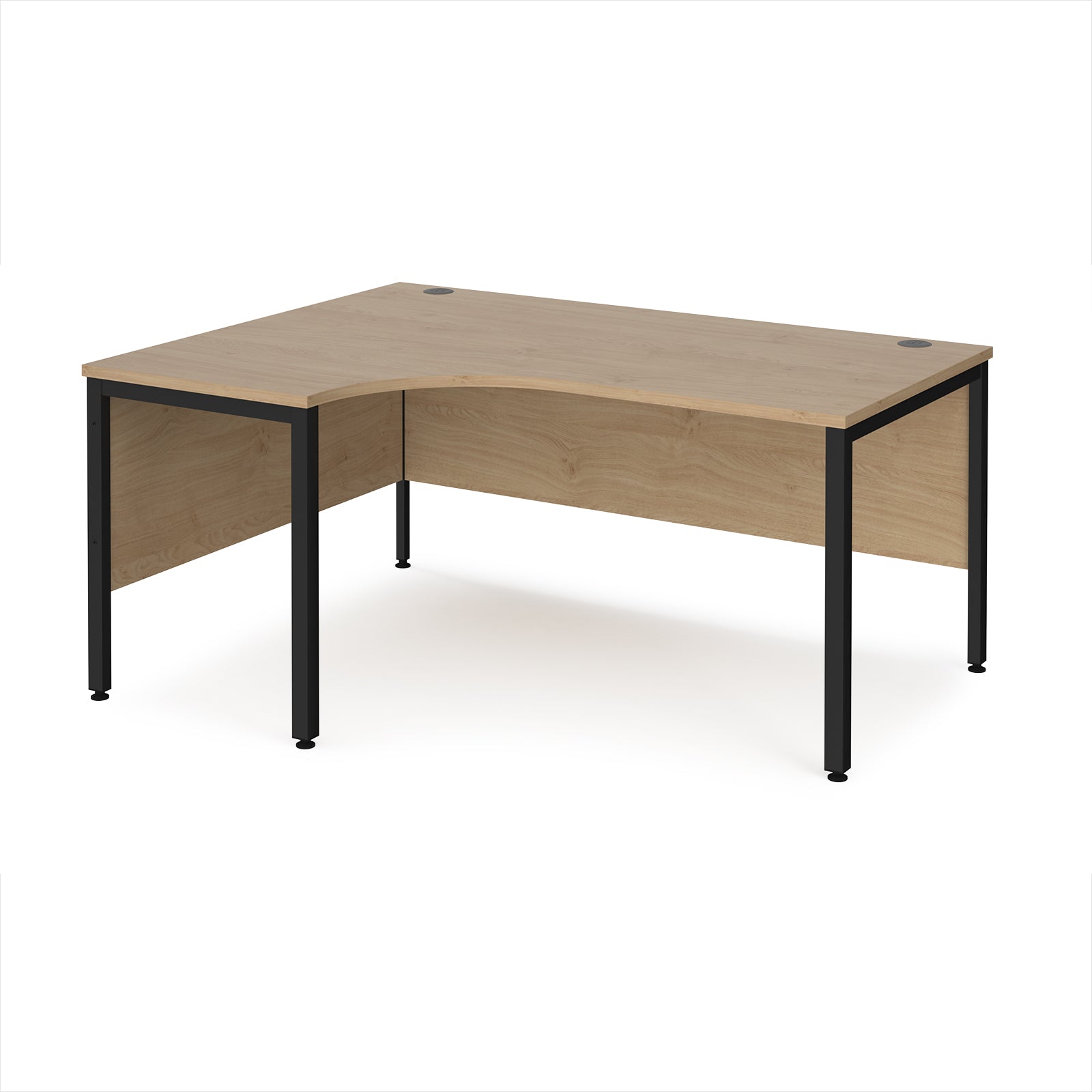 Ergonomic office desk with wood-effect top and black metal frame on a white background