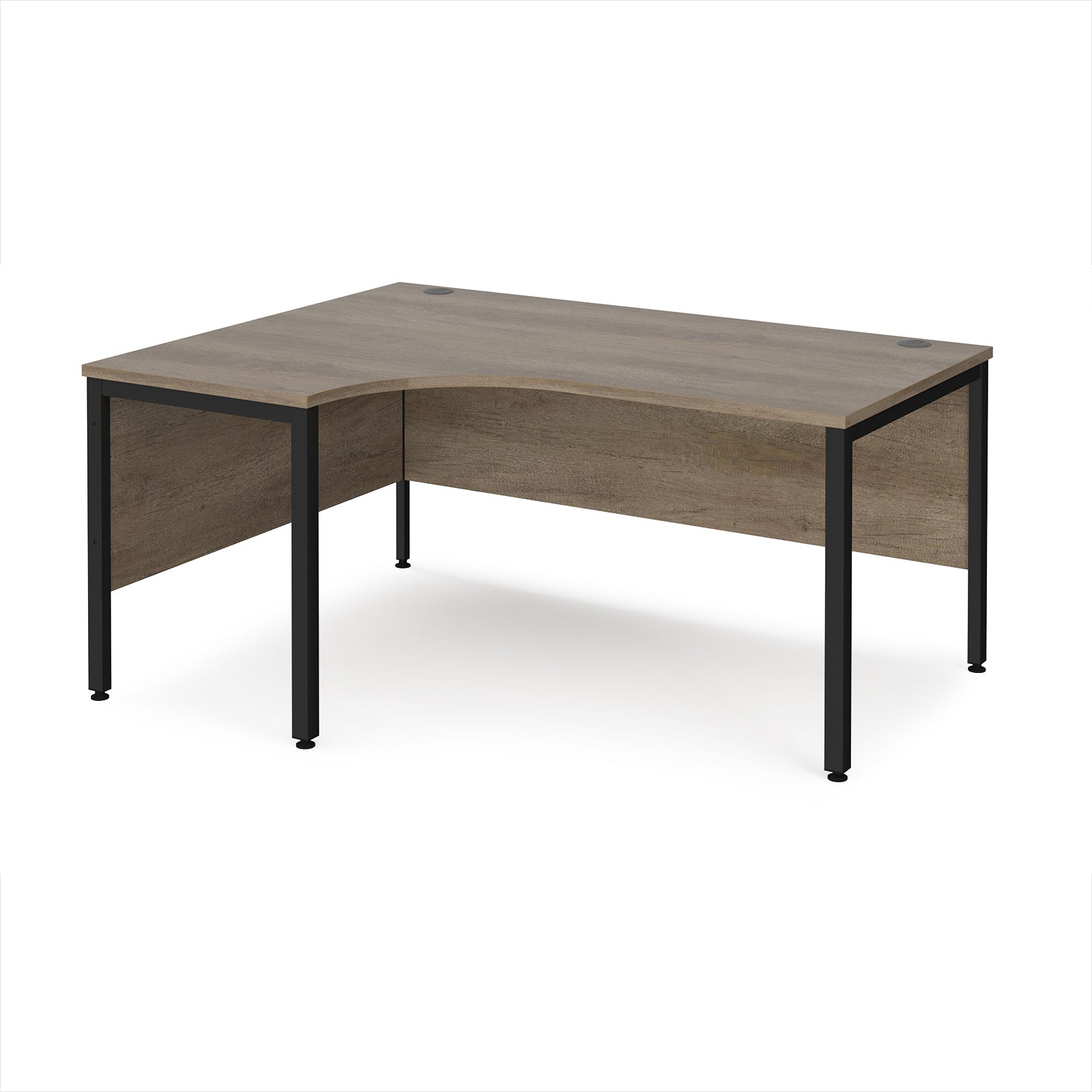 Ergonomic office desk with wood-effect top and black metal frame on a white background