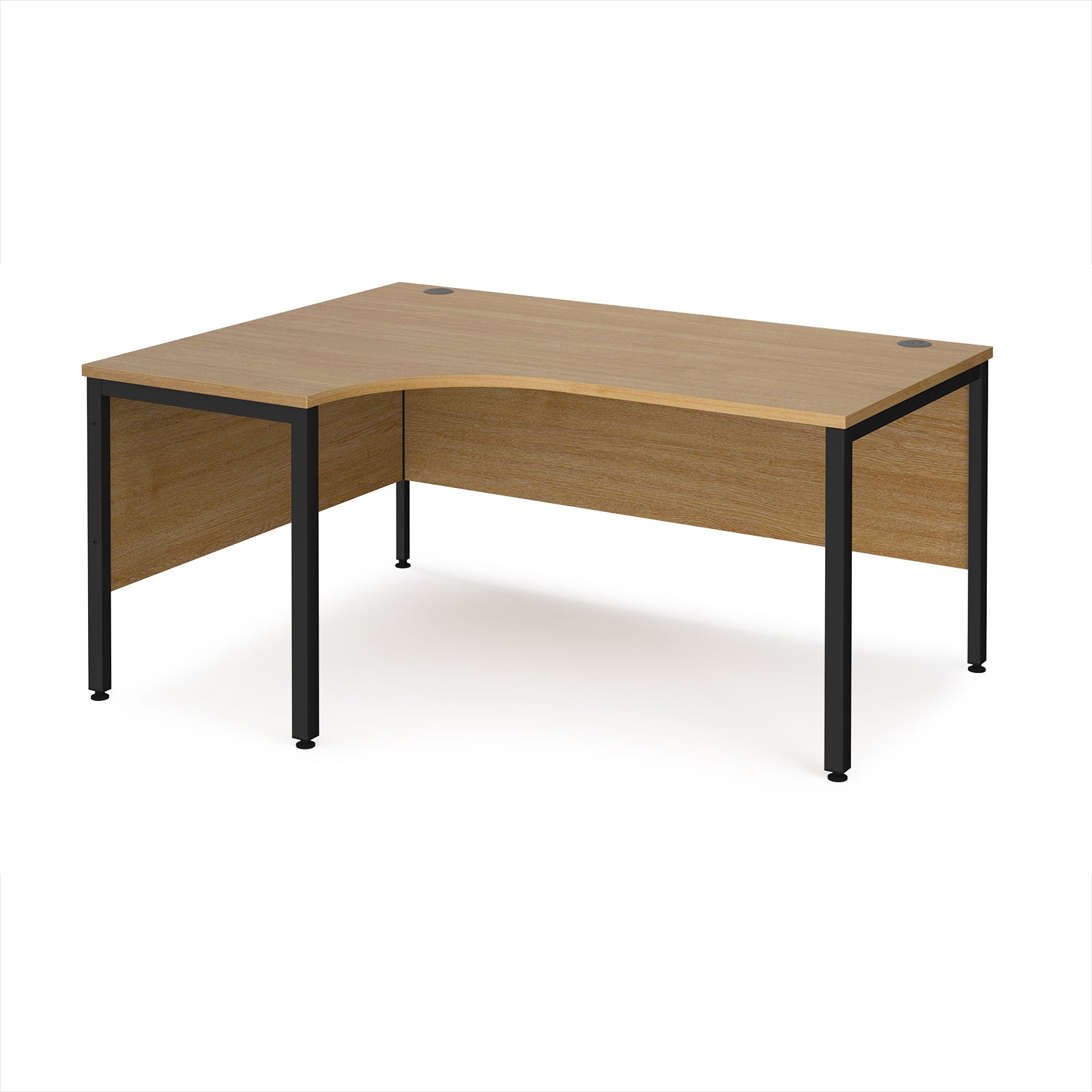 Ergonomic office desk with wood-effect top and black metal frame on a white background