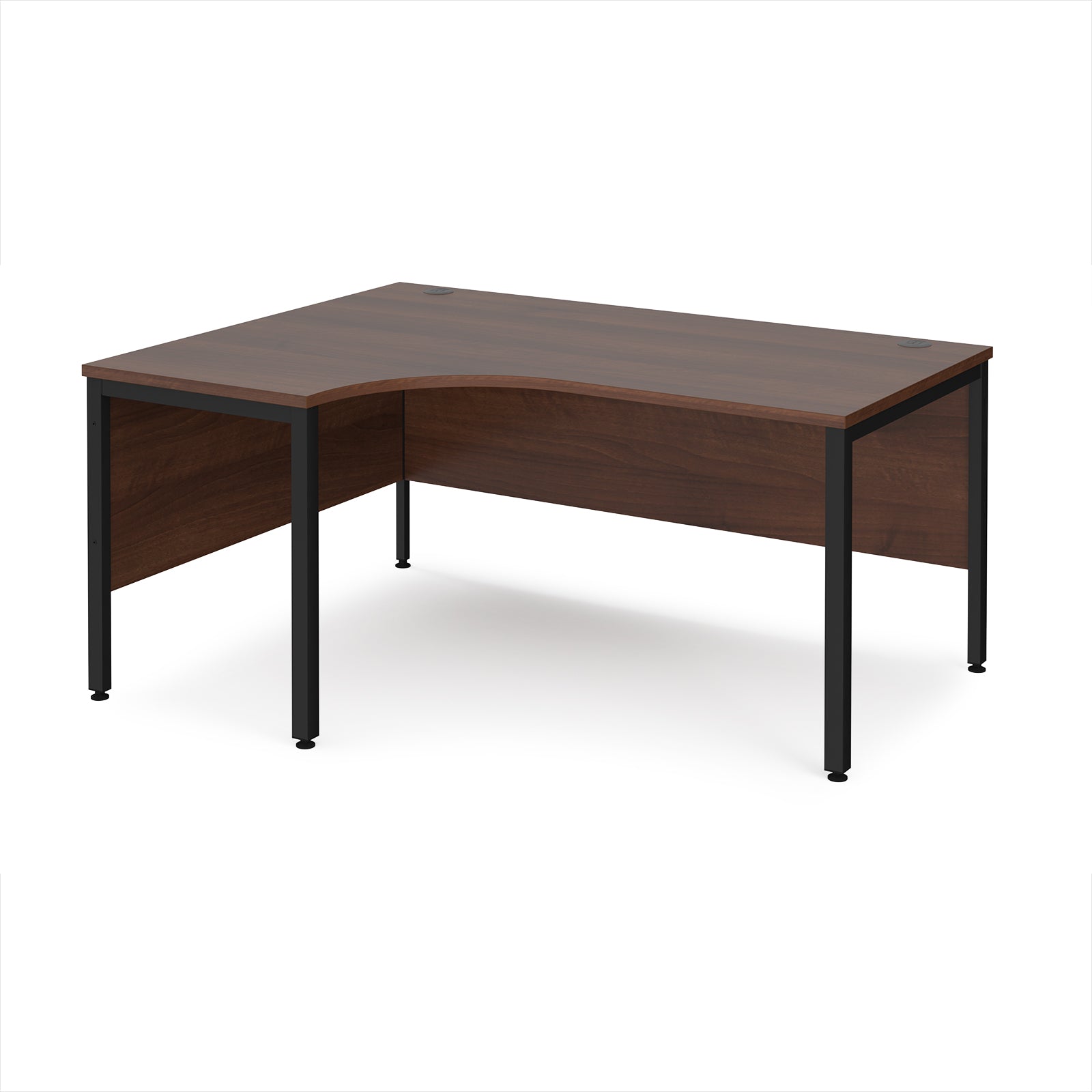 Ergonomic office desk with wood-effect top and black metal frame on a white background