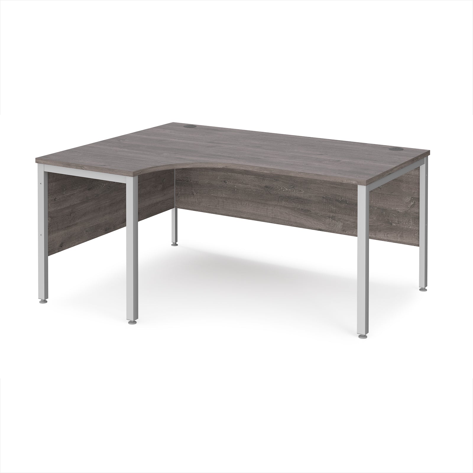 Ergonomic office desk with grey wood-effect top and silver metal frame on a white background