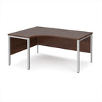 Ergonomic office desk with wood-effect top and silver metal frame on a white background