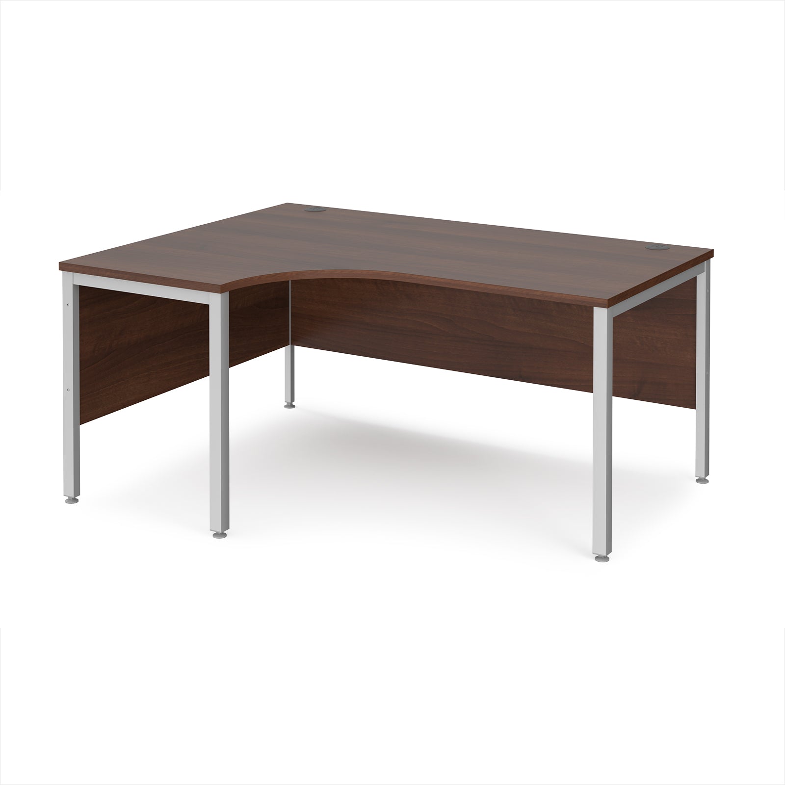 Ergonomic office desk with wood-effect top and silver metal frame on a white background
