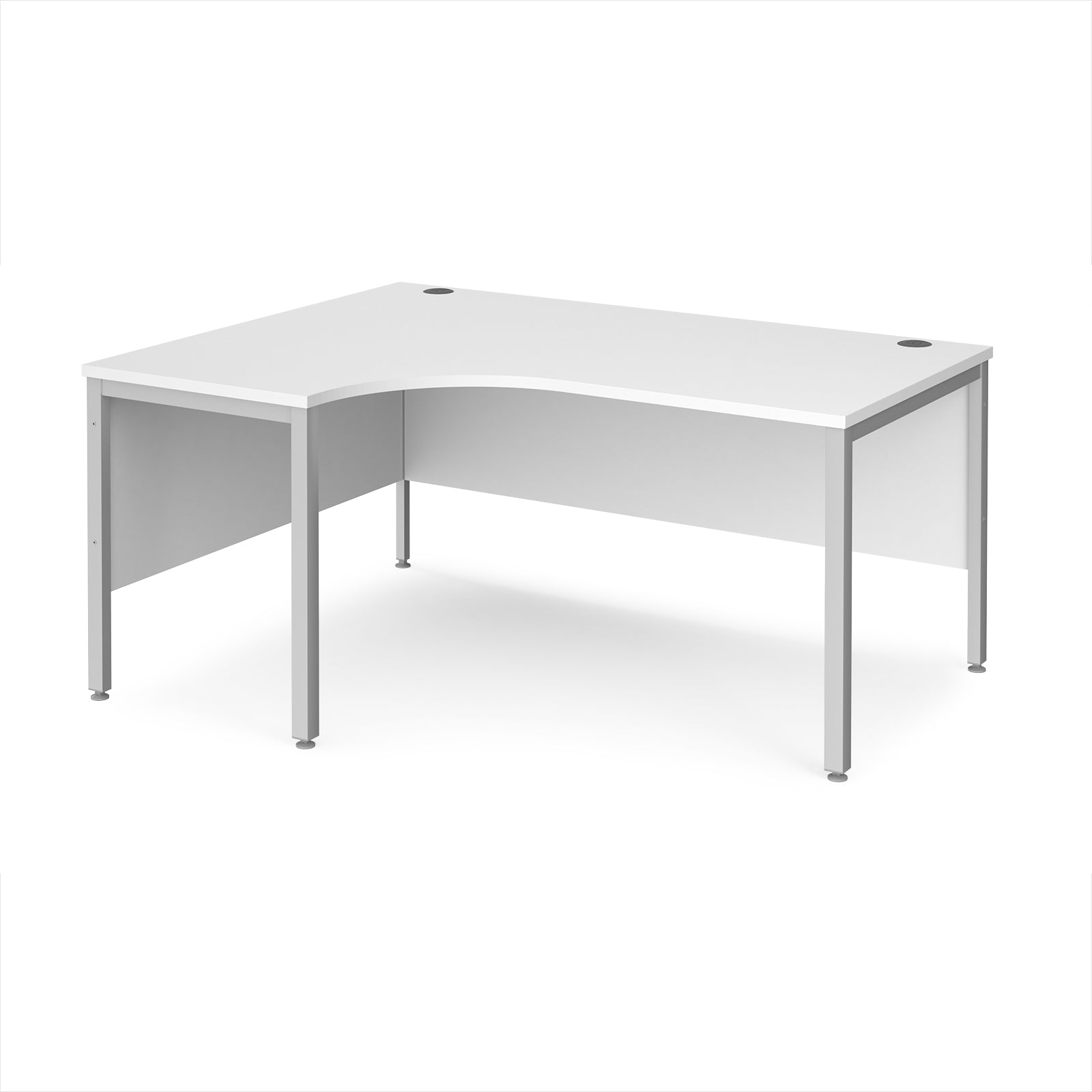 Ergonomic office desk with white top and silver metal frame on a white background