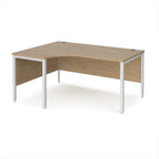 Ergonomic office desk with wood-effect top and white metal frame on a white background