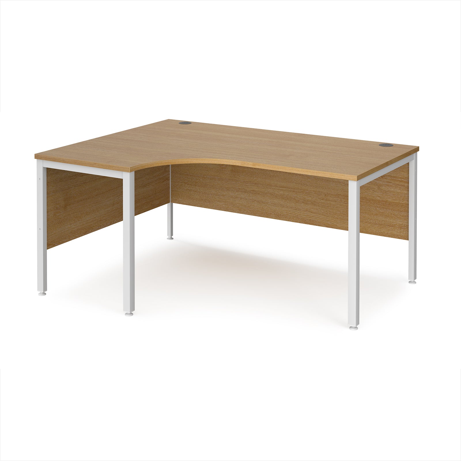 Ergonomic office desk with wood-effect top and white metal frame on a white background