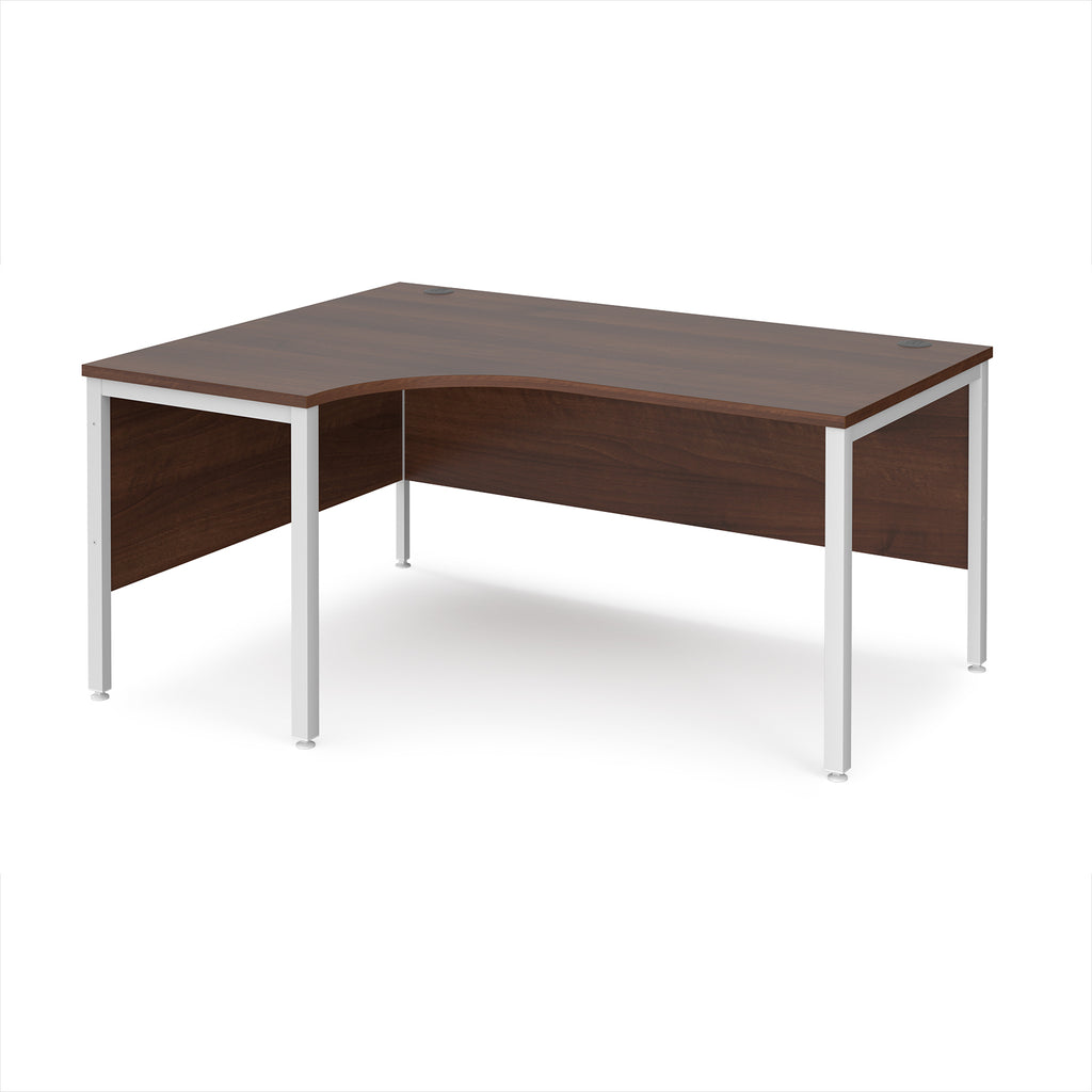 Ergonomic office desk with wood-effect top and white metal frame on a white background