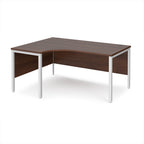 Ergonomic office desk with wood-effect top and white metal frame on a white background