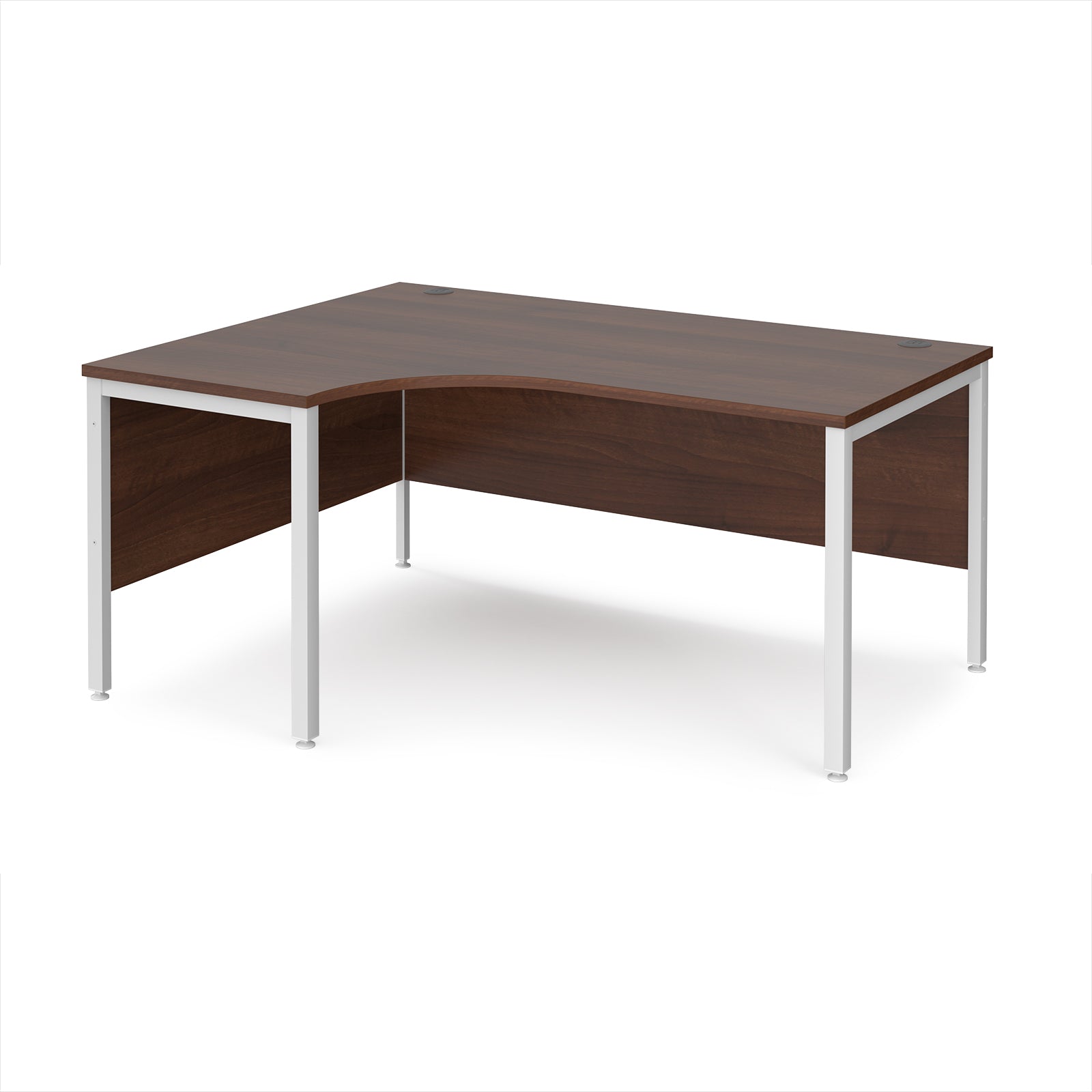 Ergonomic office desk with wood-effect top and white metal frame on a white background
