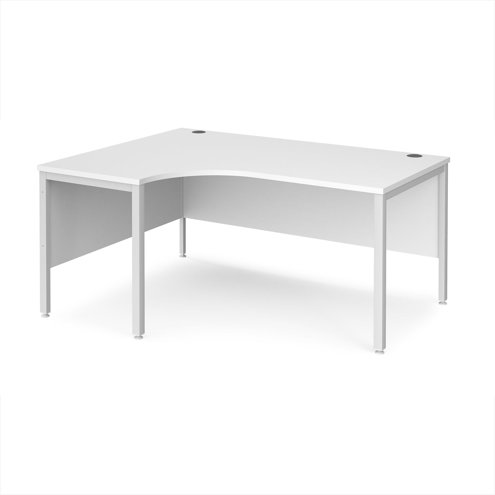 White ergonomic office desk with metal frame on a white background