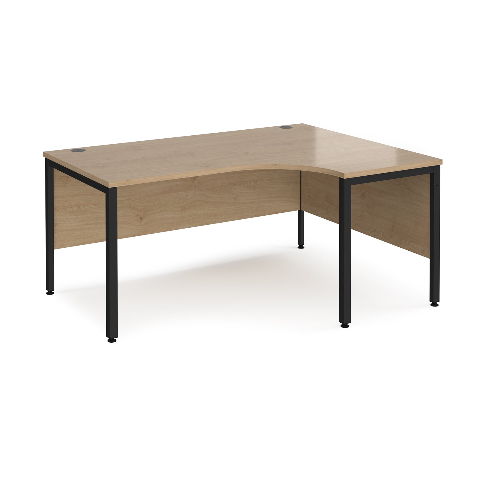 Ergonomic office desk with wood-effect top and black metal frame on a white background