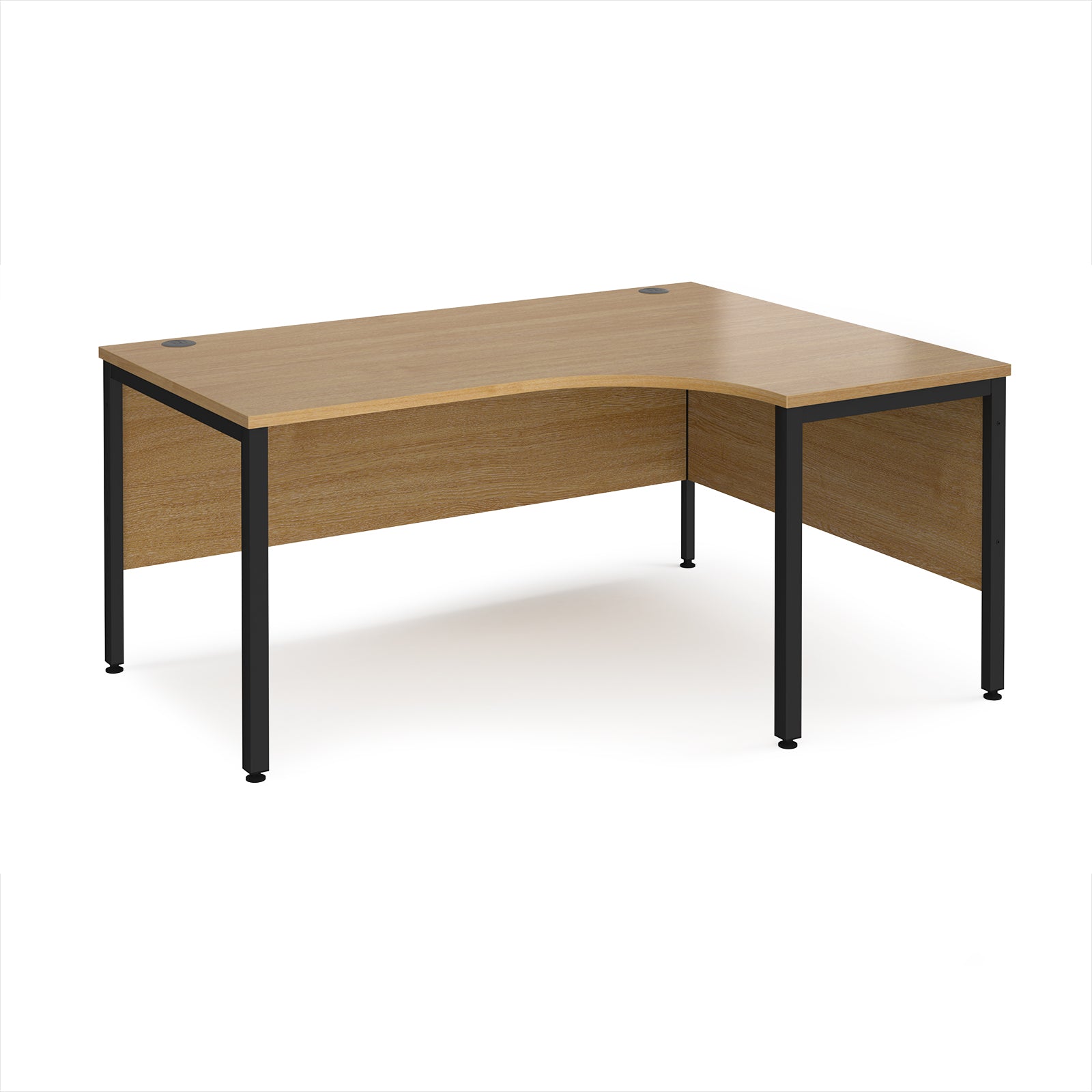 Ergonomic office desk with wood-effect top and black metal frame on a white background