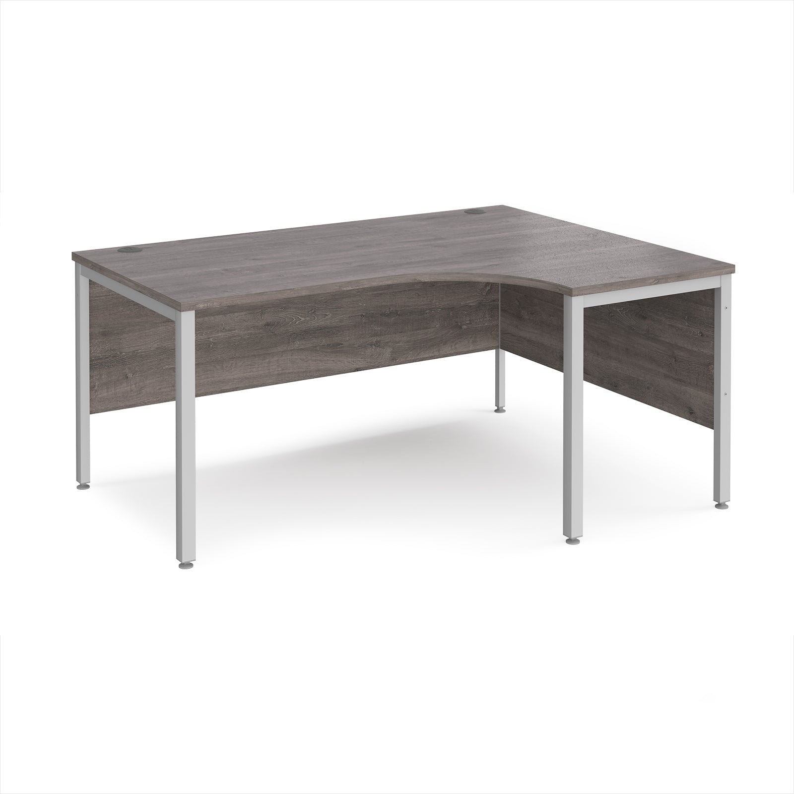 Ergonomic office desk with grey wood-effect top and silver metal frame on a white background