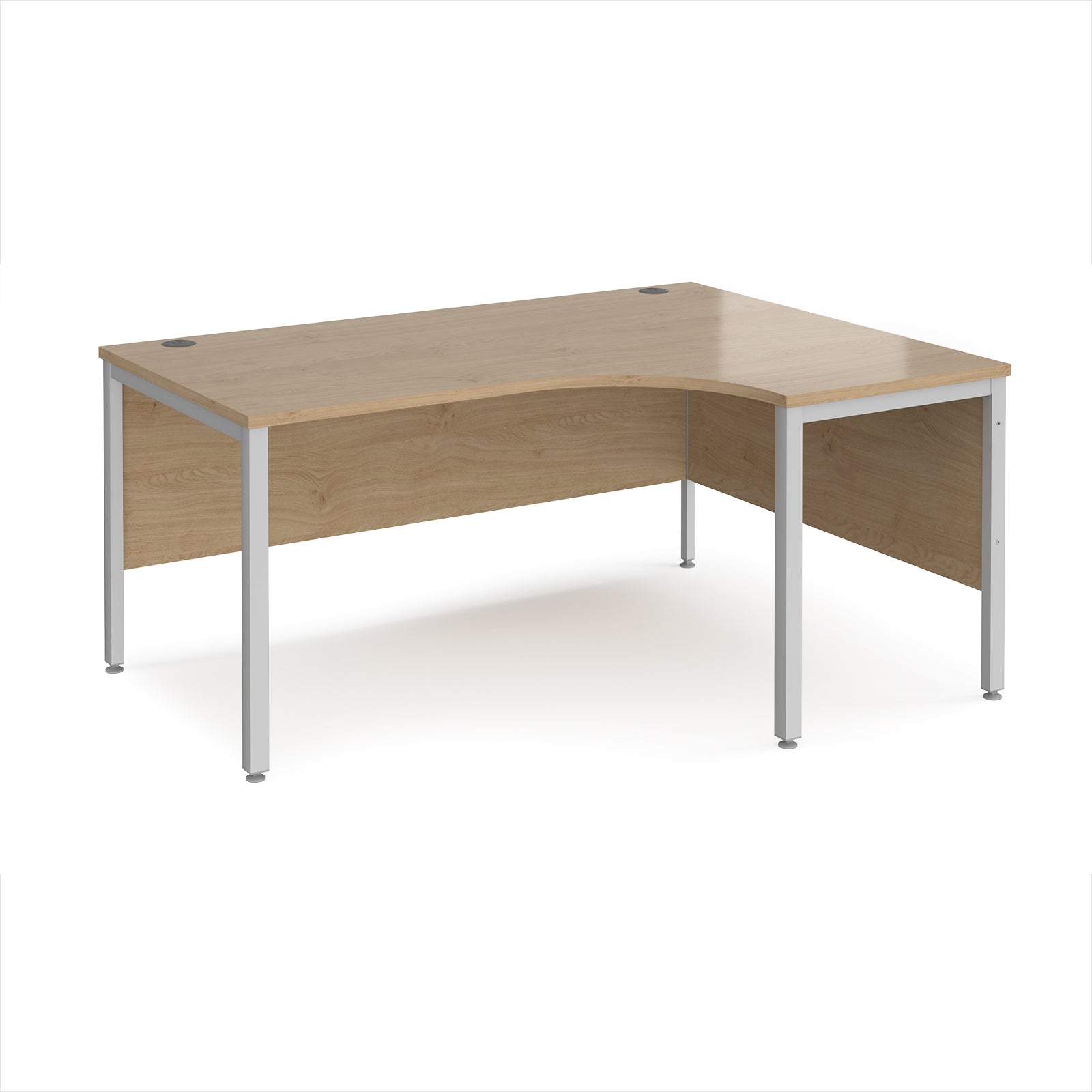 Ergonomic office desk with wood-effect top and silver metal frame on a white background