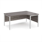 Ergonomic office desk with grey wood-effect top and white metal frame on a white background