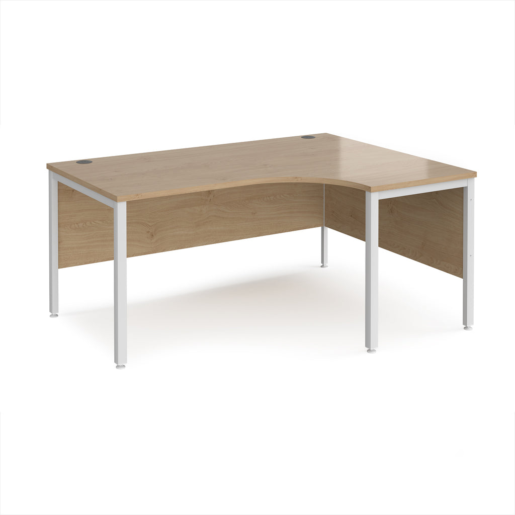 Ergonomic office desk with wood-effect top and white metal frame on a white background